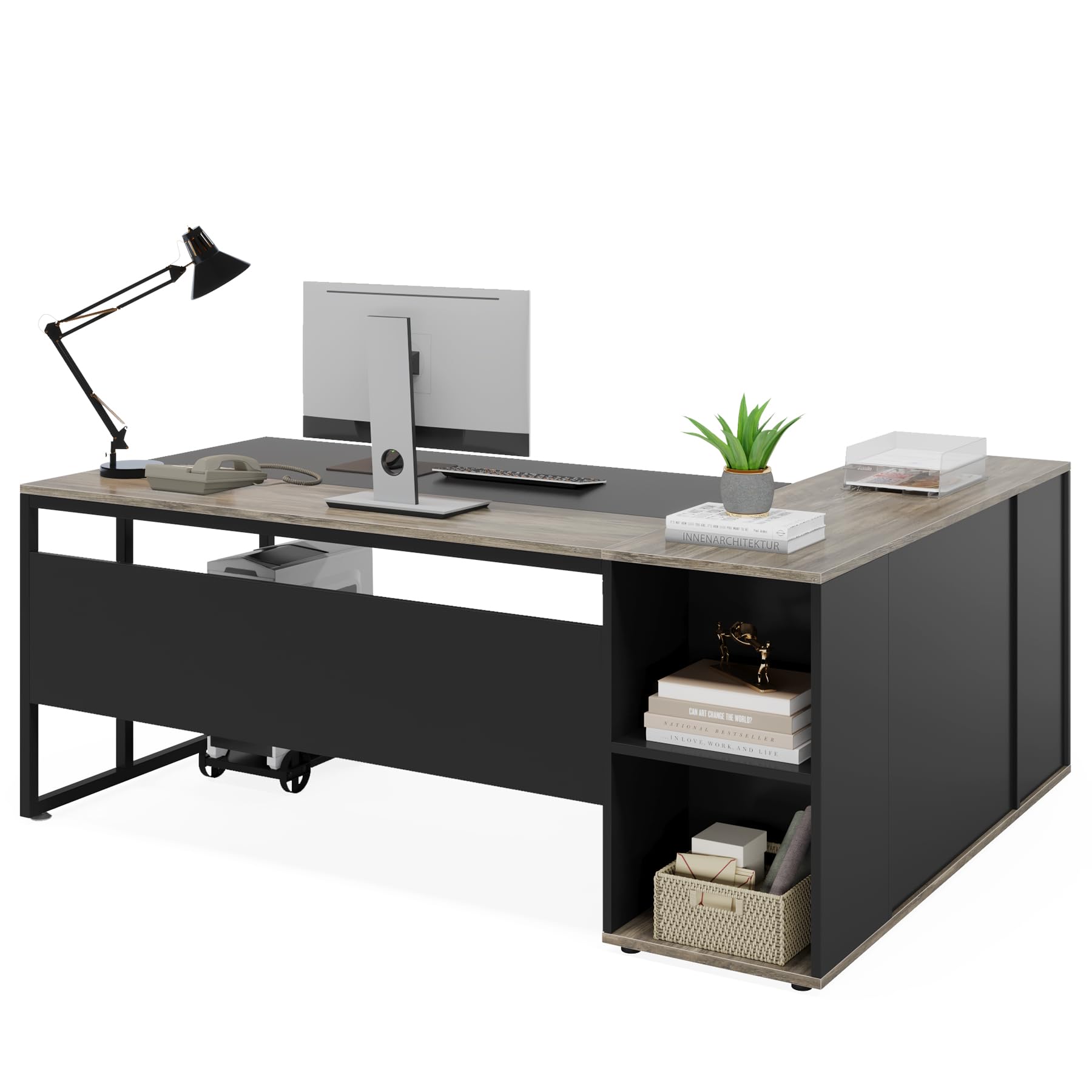 71 Inch L-Shaped Executive Desk with Cabinet Storage