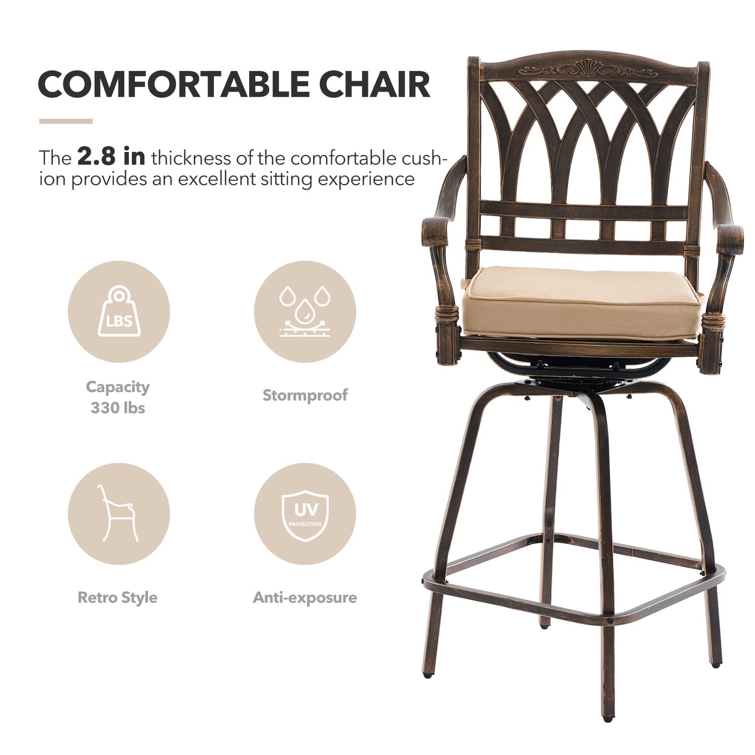 3 Piece Swivel Outdoor Bar Set Cast Aluminum