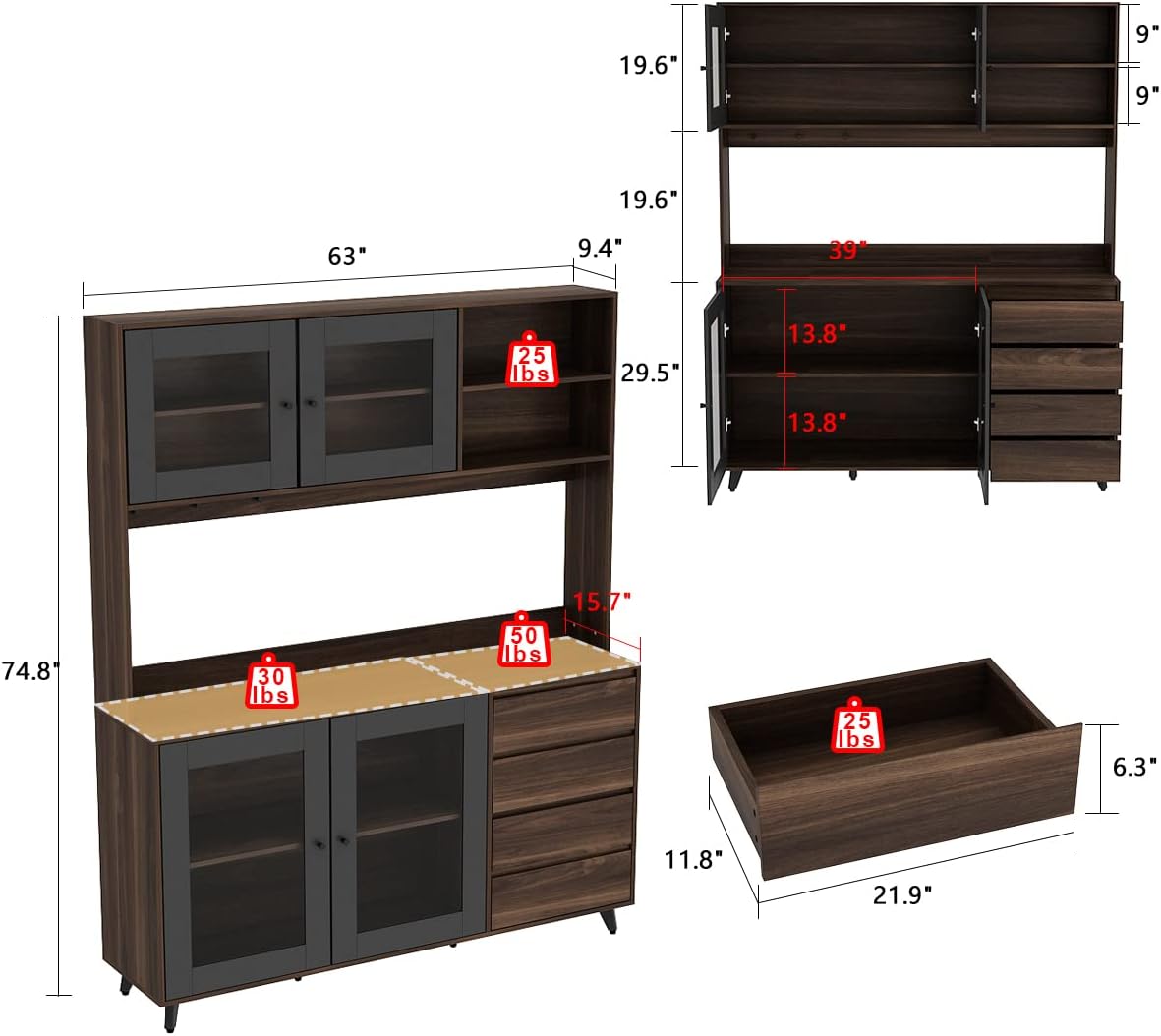 Kitchen Pantry Storage Cabinet with Glass Doors