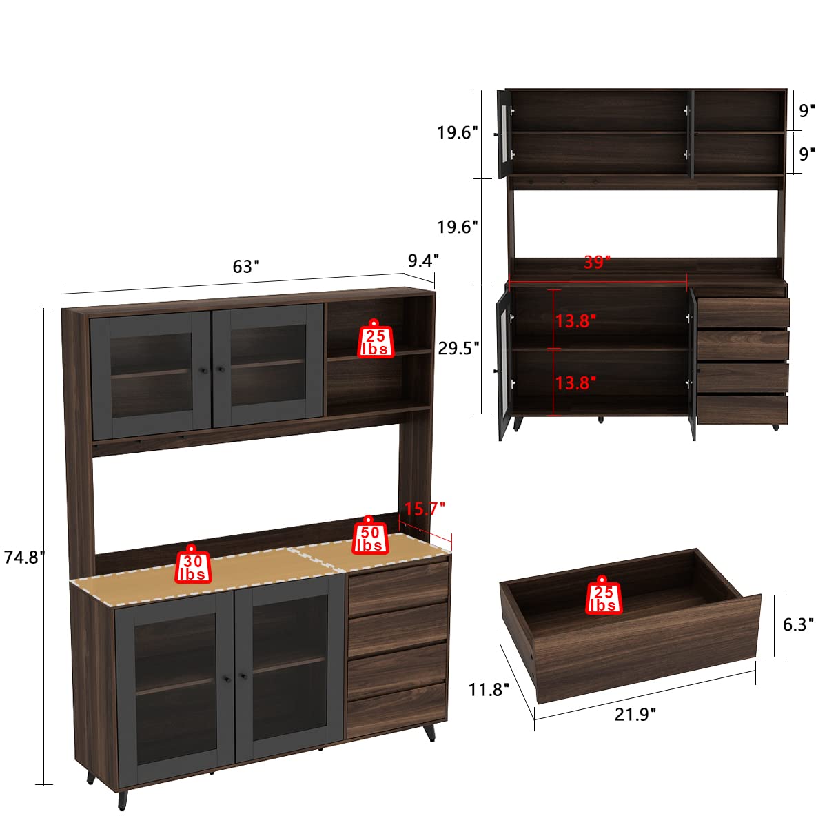Kitchen Pantry Storage Cabinet with Glass Doors