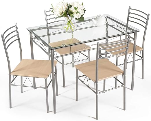 5 Piece Glass Dining Table Set with 4 Chairs