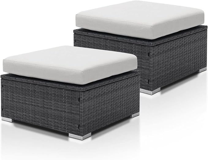All-Weather Outdoor Wicker Ottoman Set of 2 - Dark Gray Rattan Footrest with Cushions