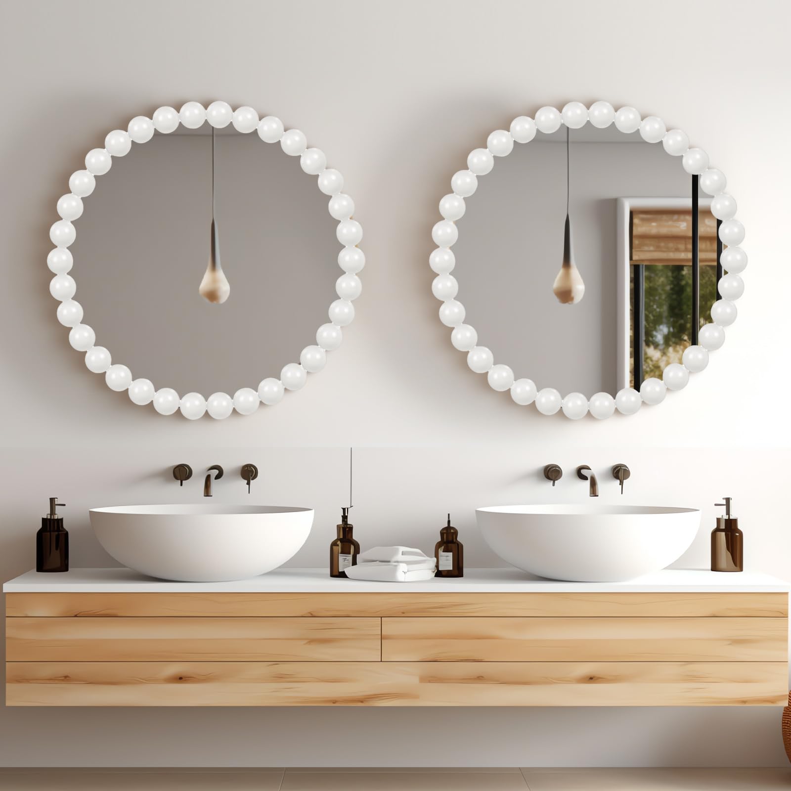 24" White Beaded Round Wall Mirror
