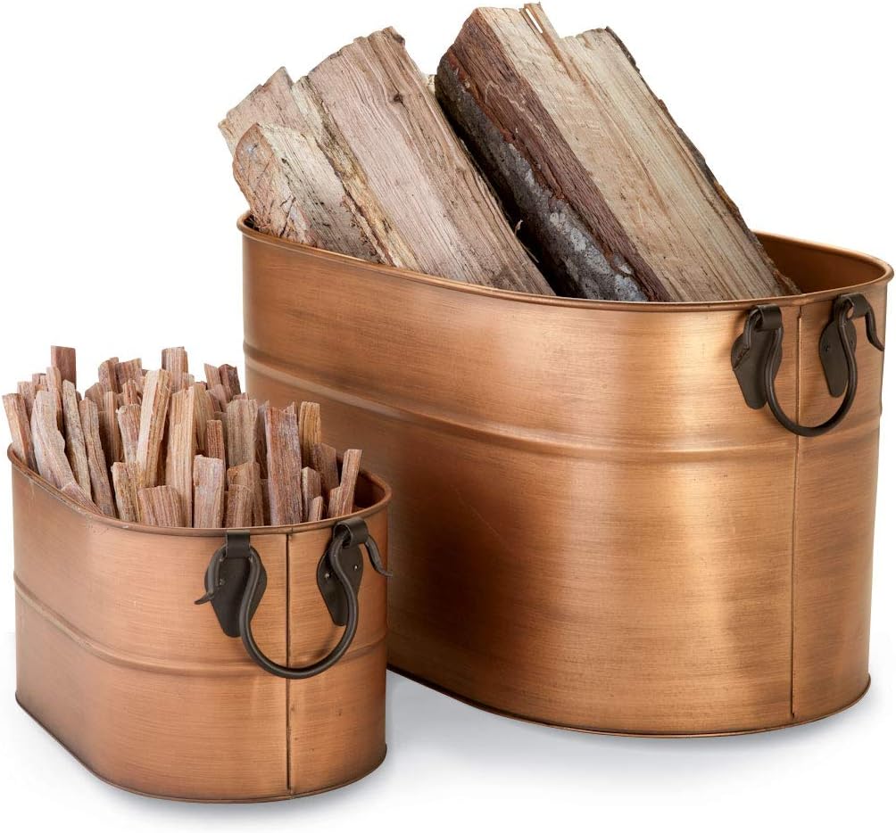 Antique Copper Firewood Bucket with Wrought Iron Handles