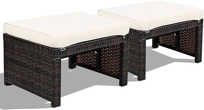 2 Piece Outdoor Wicker Ottomans with Cushions