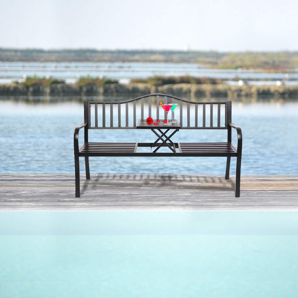 Outdoor Metal Bench with Built-in Table