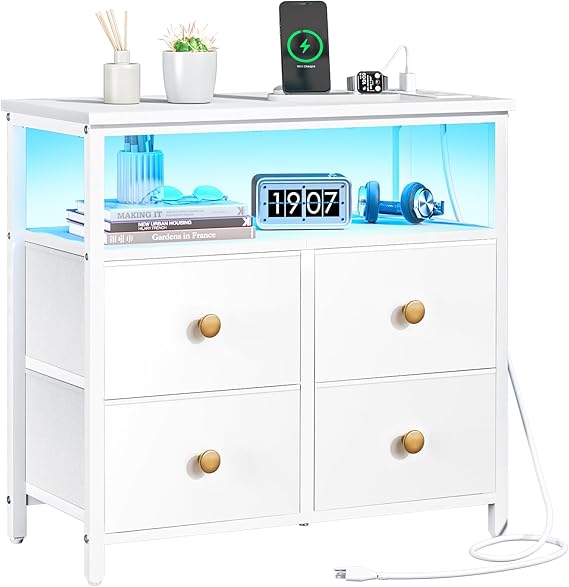 LED Nightstand with Charging Station and 4 Drawers
