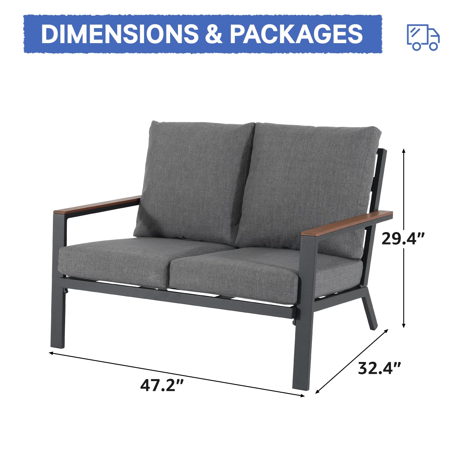 Aluminum Patio Loveseat with Eucalyptus Wood Armrests