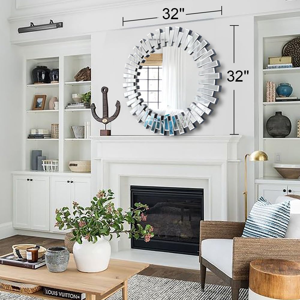32 Inch Round Decorative Mirror with Beveled Glass Frame