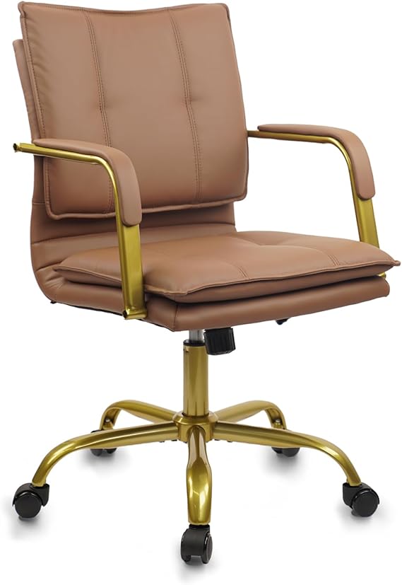 Leather Swivel Mid-Back Computer Chair with Golden Legs
