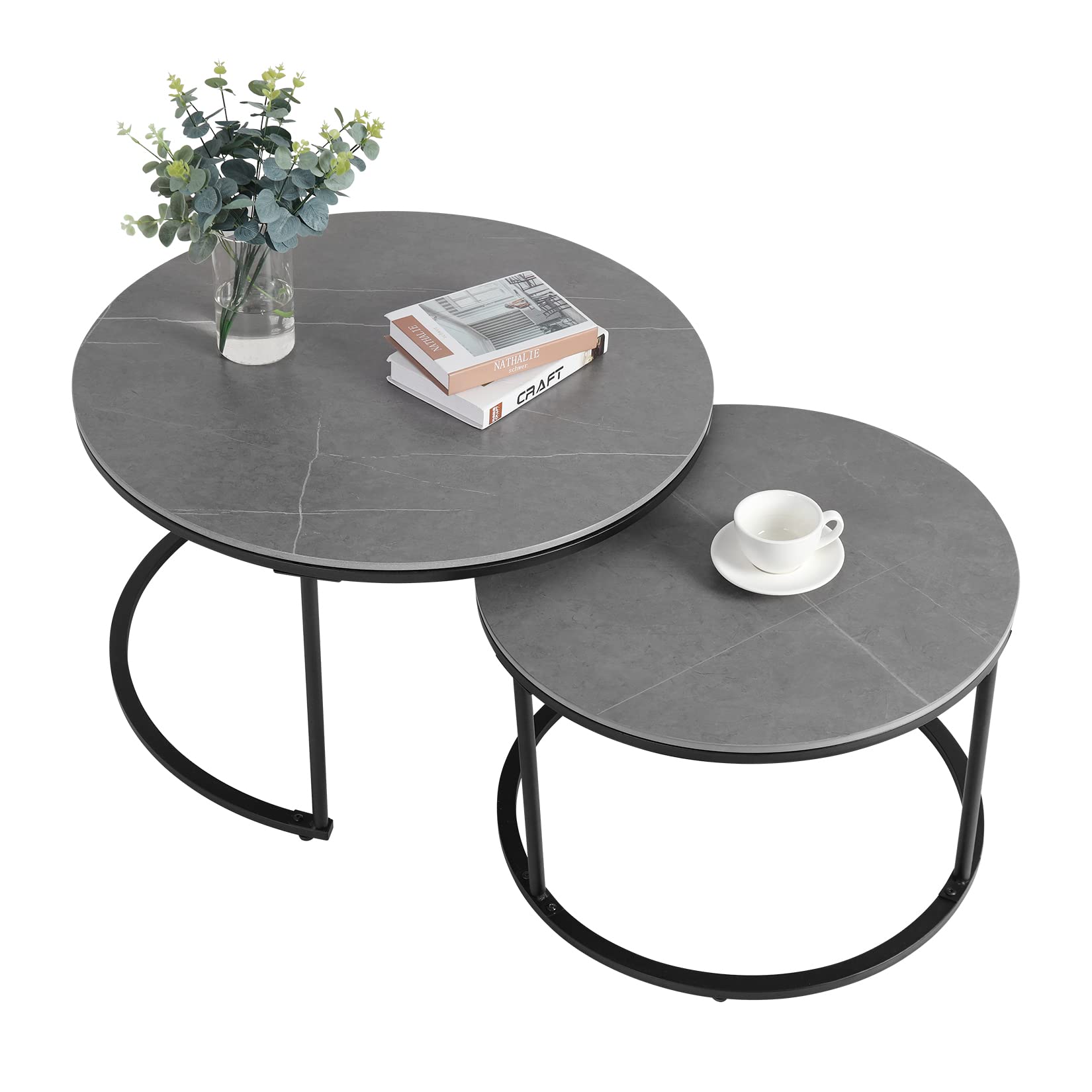 Wisfor Round Nesting Coffee Table: Set of 2 Sintered Stone Stacking Side Table with Black Metal Frame for Living Room, 31.5x17.7 (23.6x15.7)