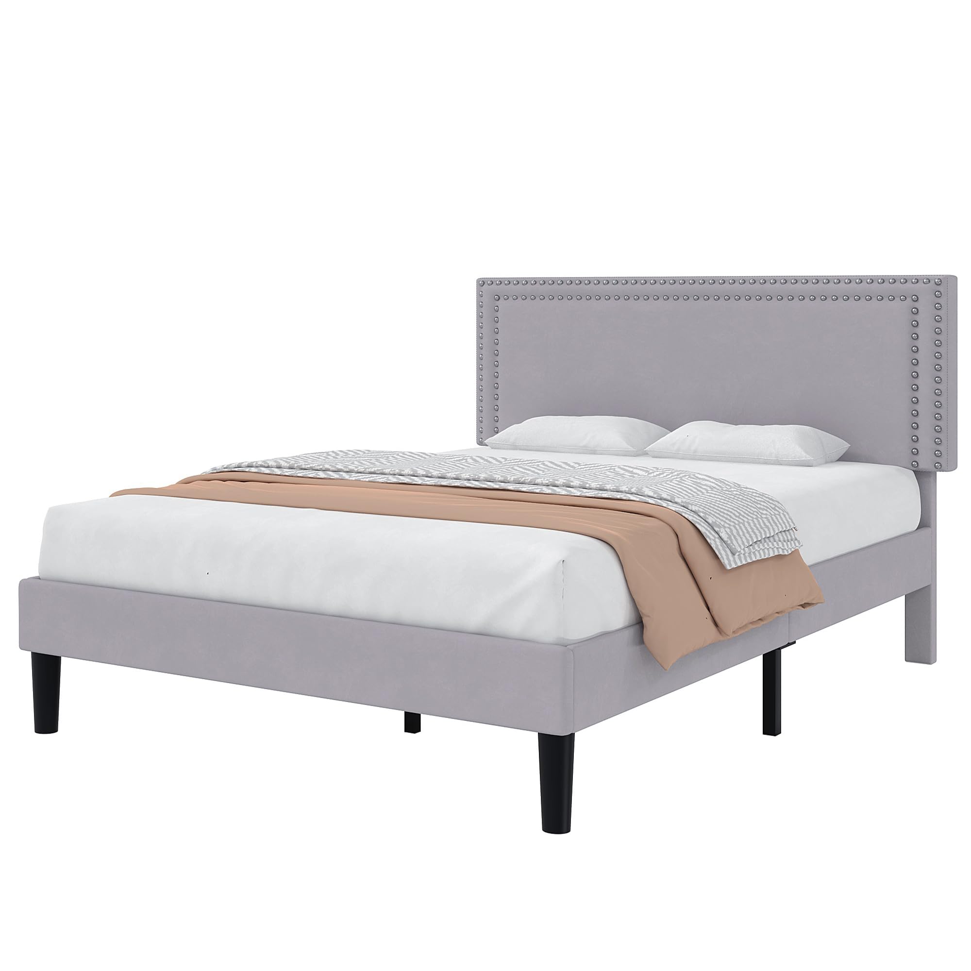 Queen Platform Bed Frame with Adjustable Upholstered Headboard