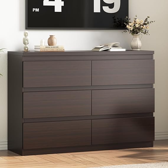 Modern Black 6 Drawer Dresser with Smooth Metal Rails