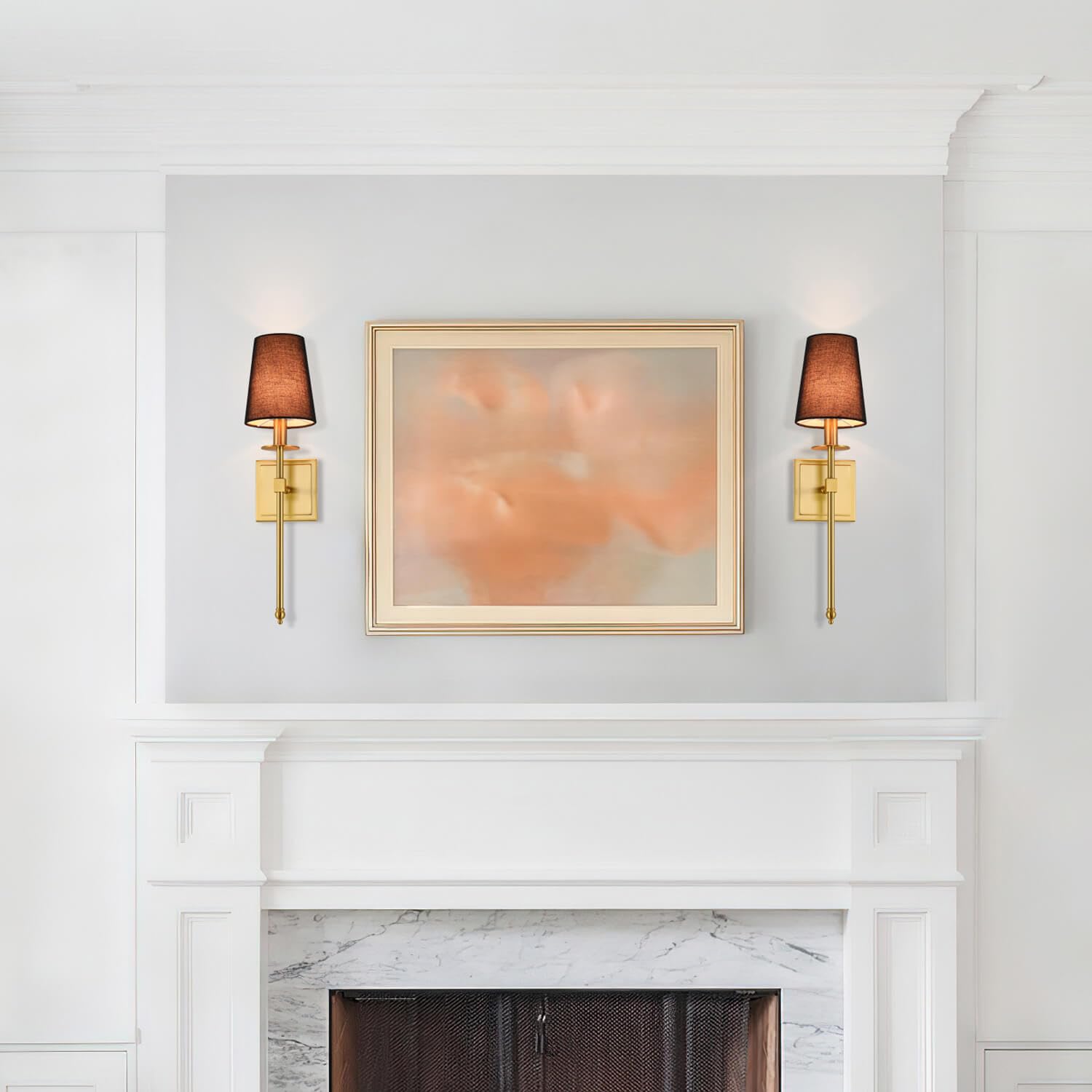 Hardwired Brushed Brass Wall Sconces Set of 2 with Black Fabric Shade