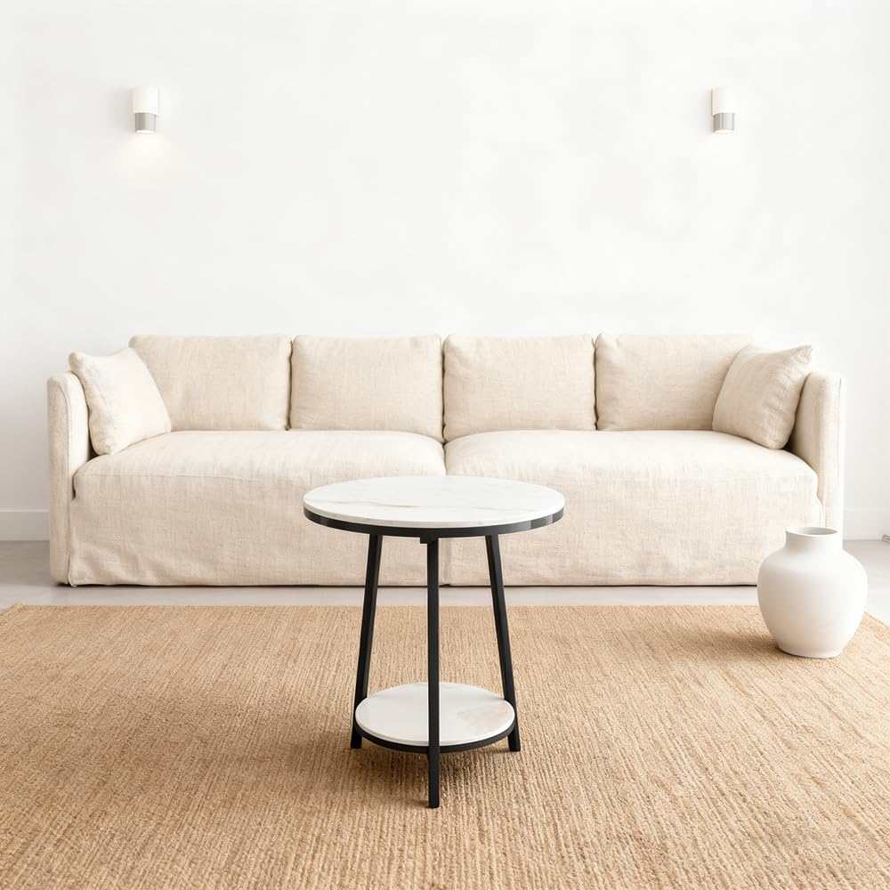 2-Tier Round Marble Side Table - White and Black End Table