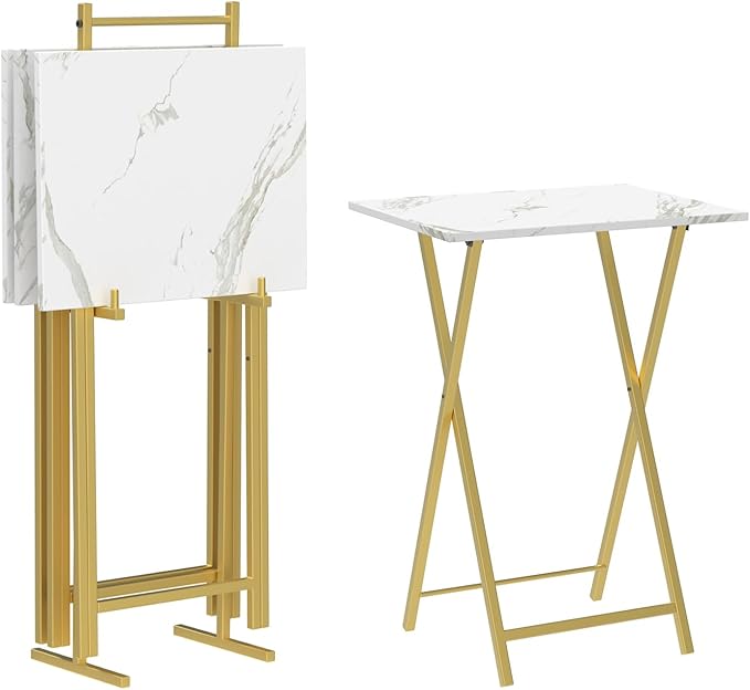 Folding TV Tray Tables Set of 4 with Storage Rack