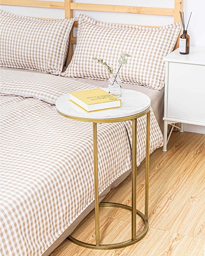 C-Shaped Marble End Table with Gold Frame