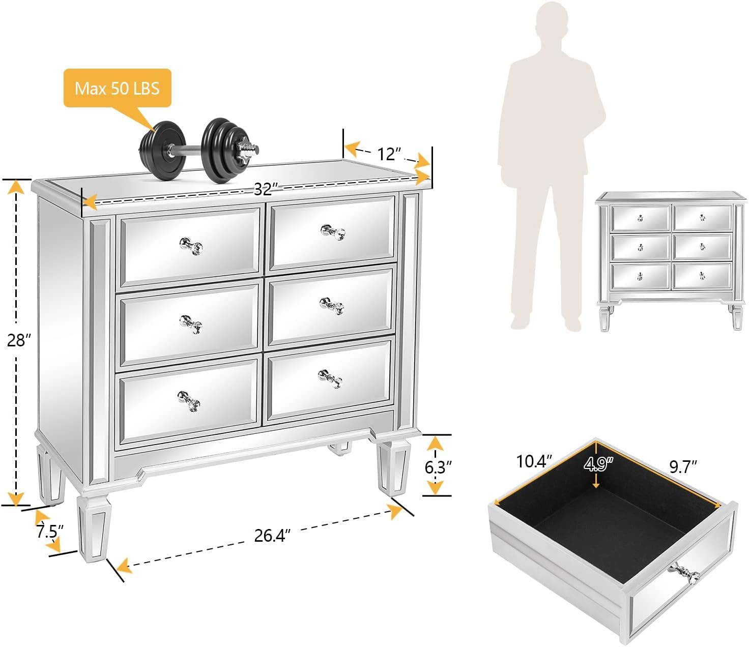 Mirrored Dresser 6 Drawers Silver