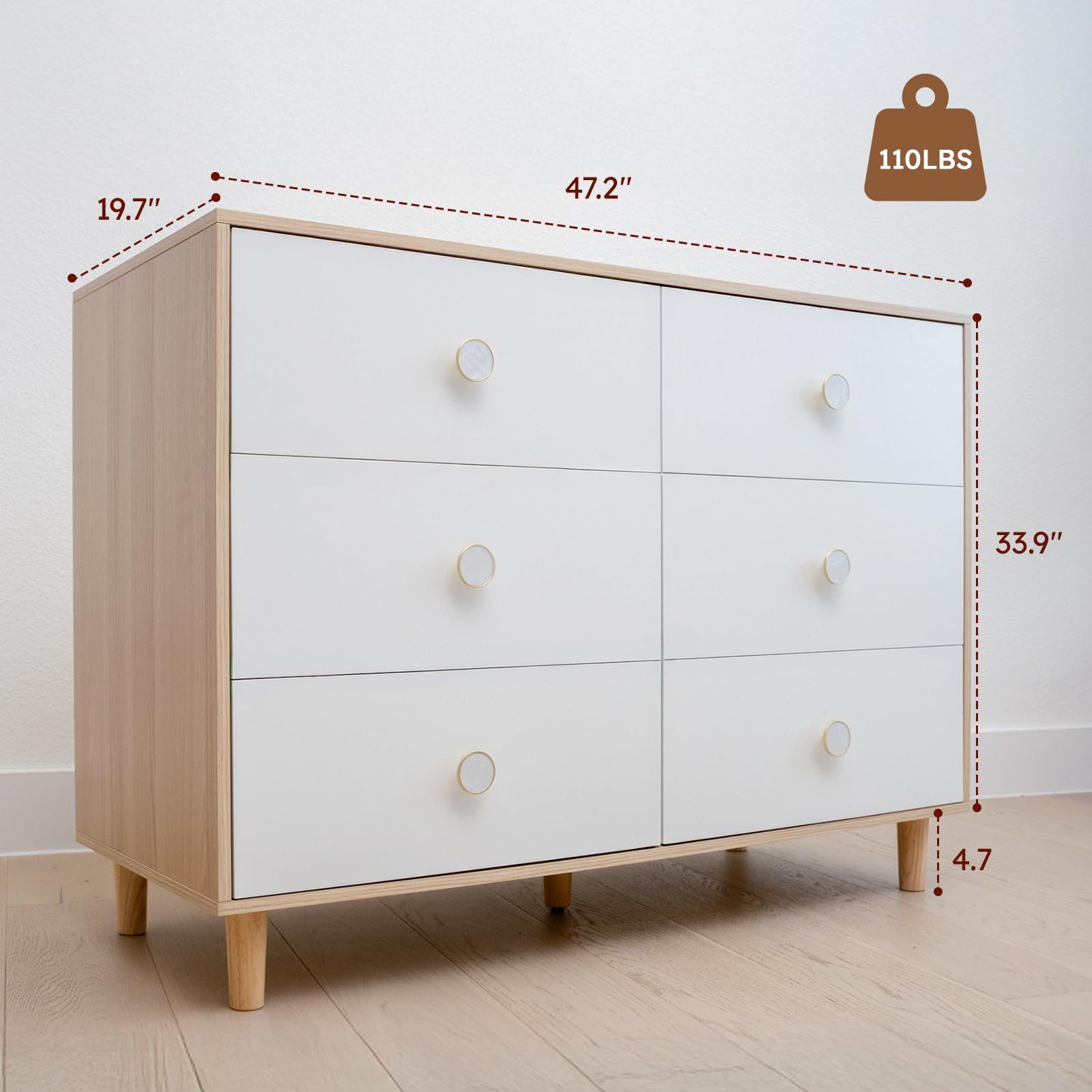 White Dresser 6 Drawer with Solid Wood Legs