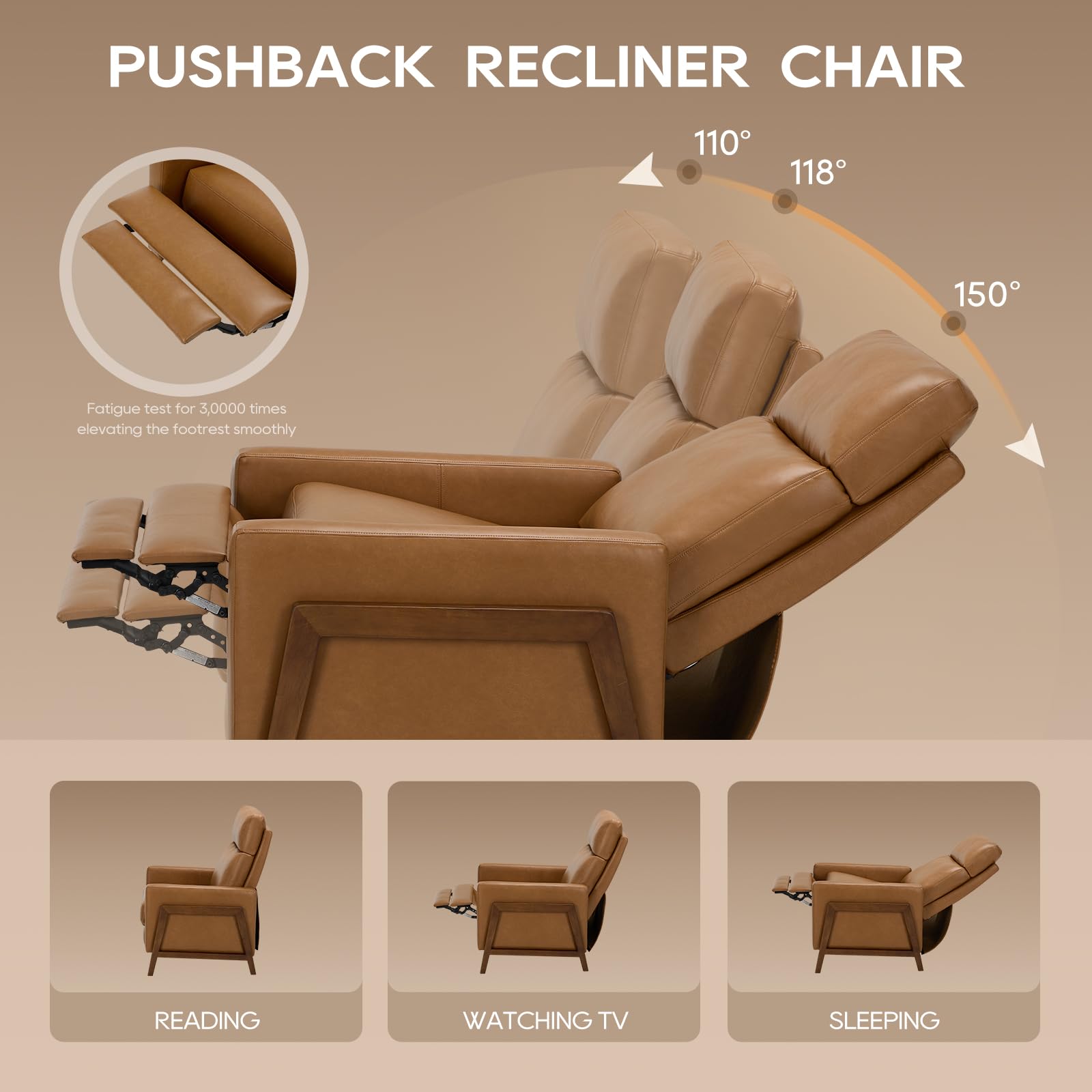 COLAMY Push Back Recliner Chair,Mid Century Modern Wingback Chair, Comfy Armchair PU Leather Living Room Chairs with Wood Legs Reclining Chair Adjustable,Camel