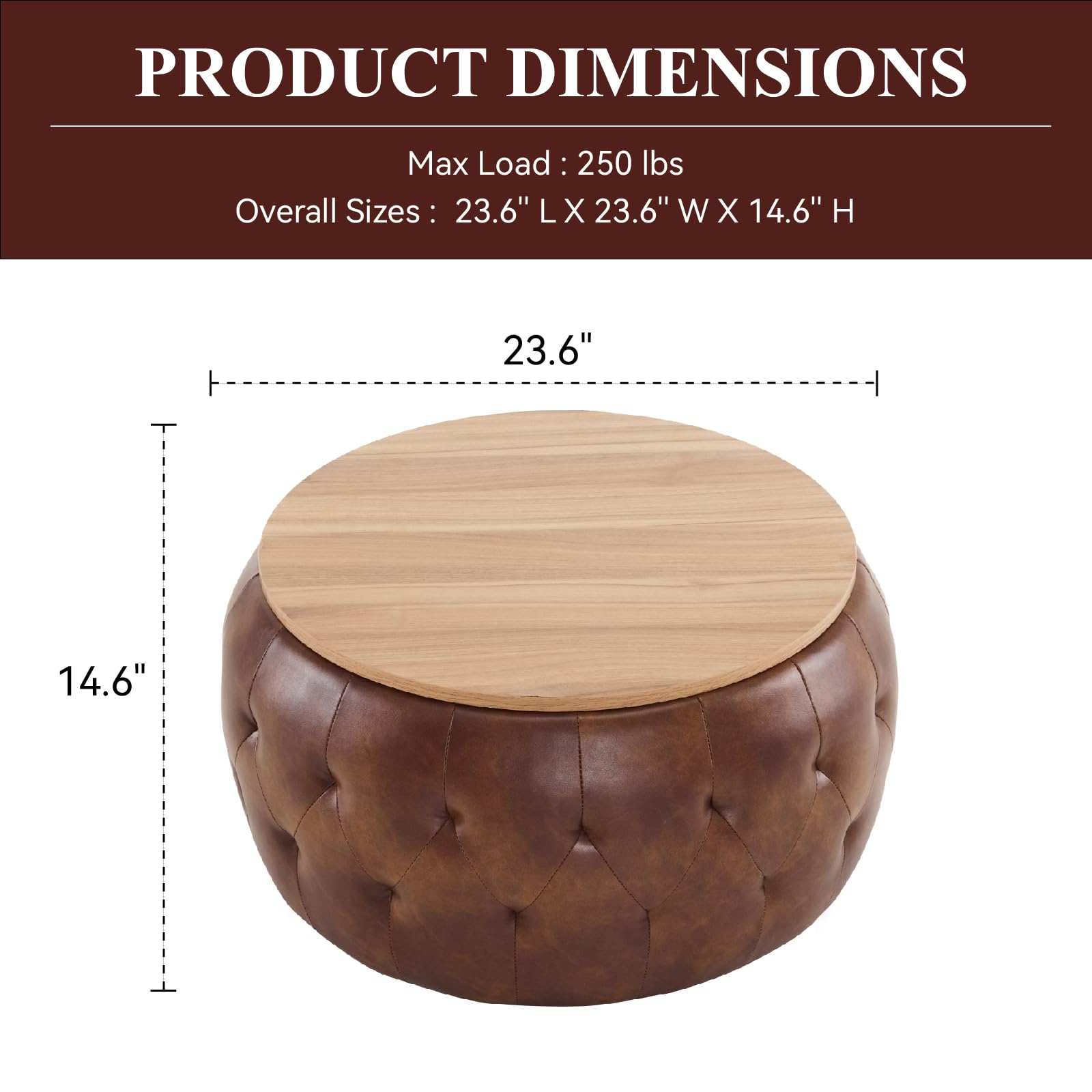 Round Storage Ottoman Coffee Table with Wooden Tabletop