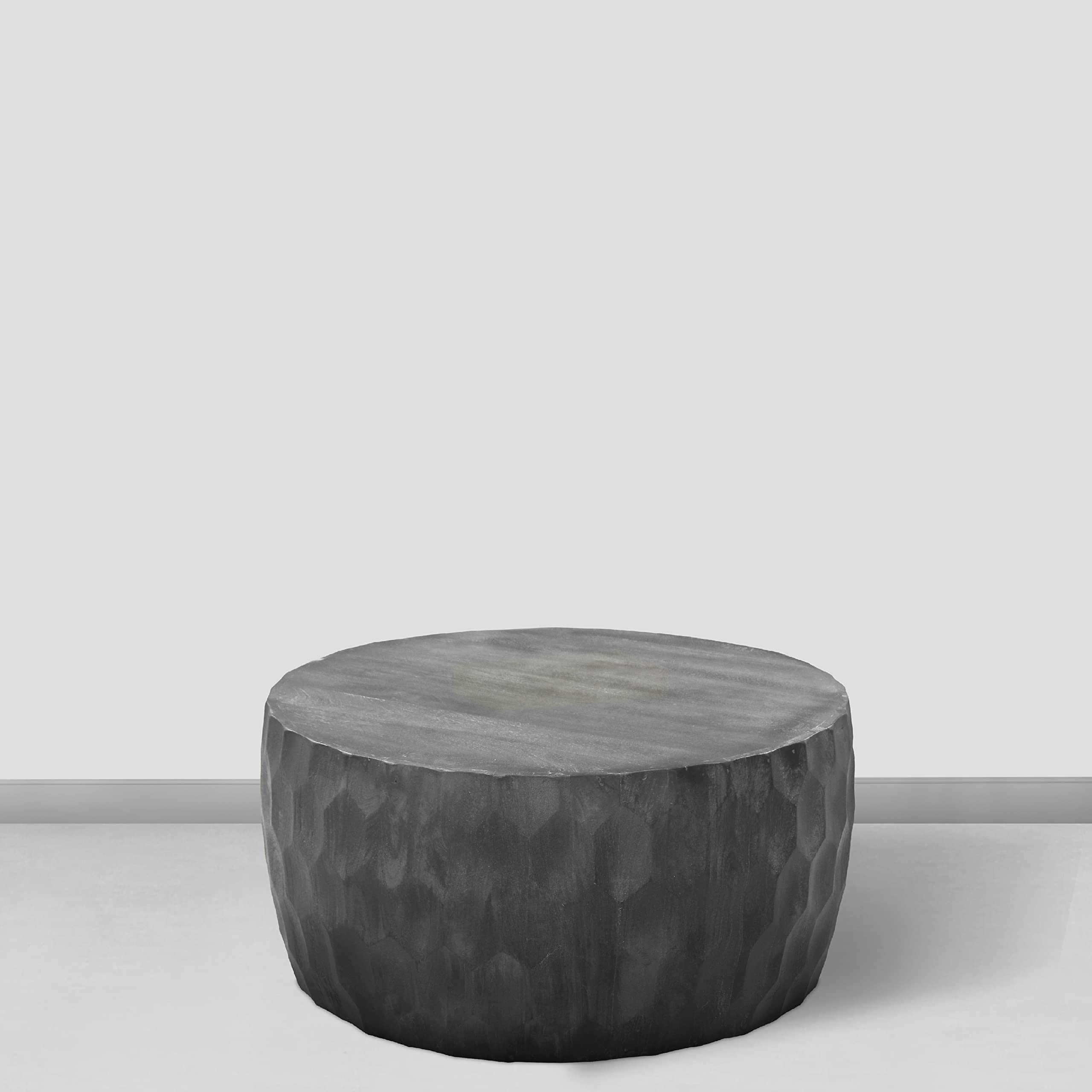 Wooden Round Drum Coffee Table with Geometric Carved Pattern