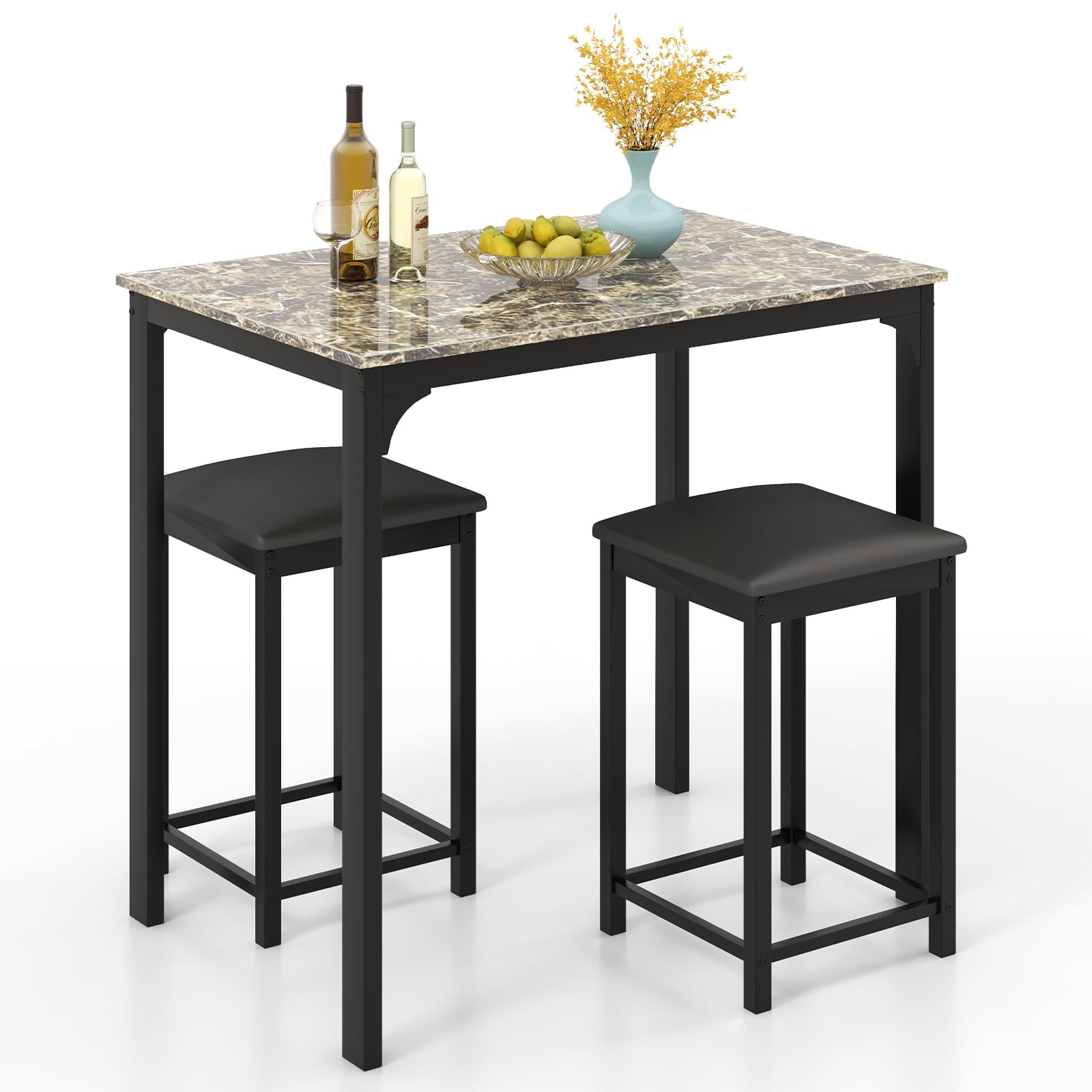 3-Piece Counter Height Dining Table Set with Faux Marble Top