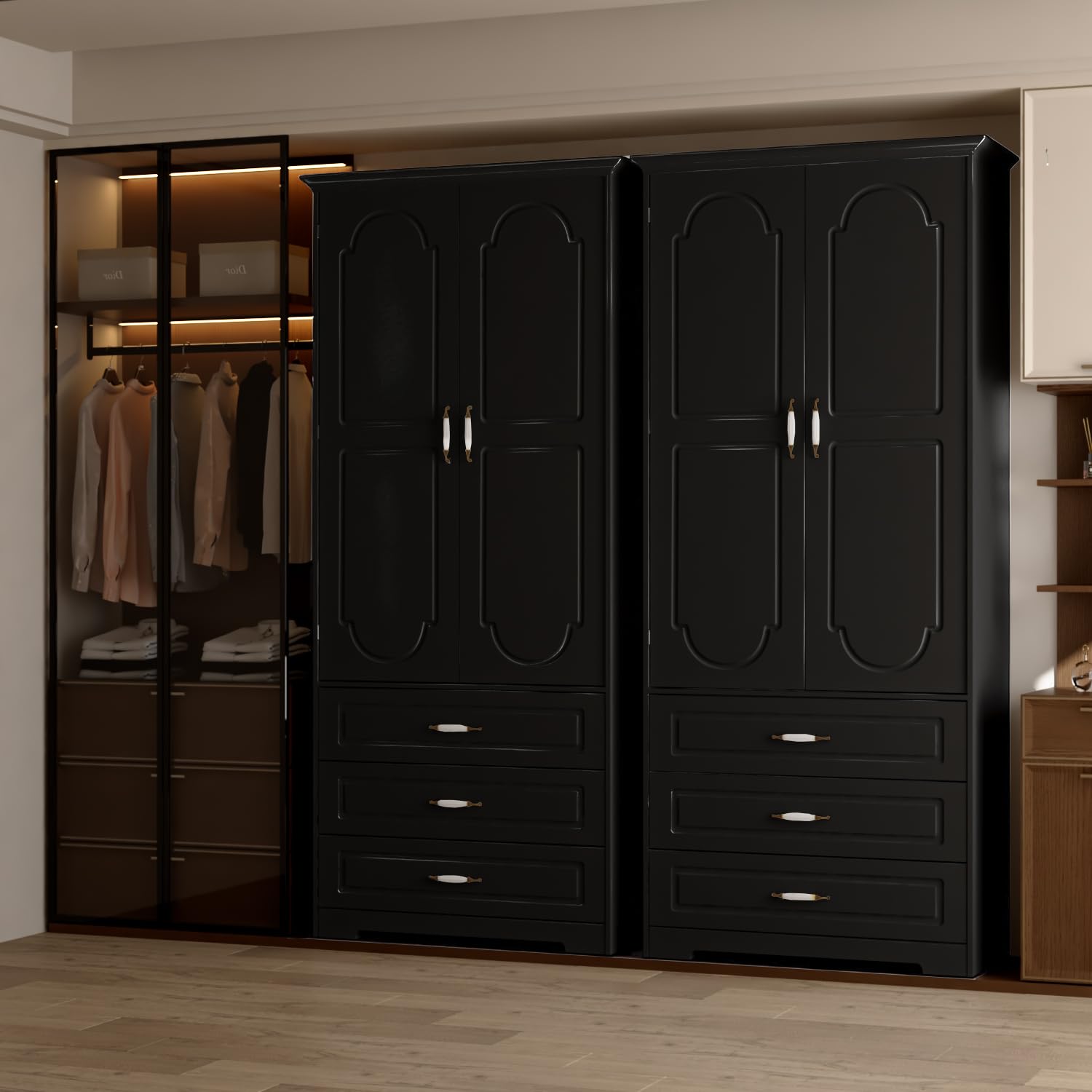 72" Wooden Armoire Wardrobe Closet with 3 Drawers and LED Light