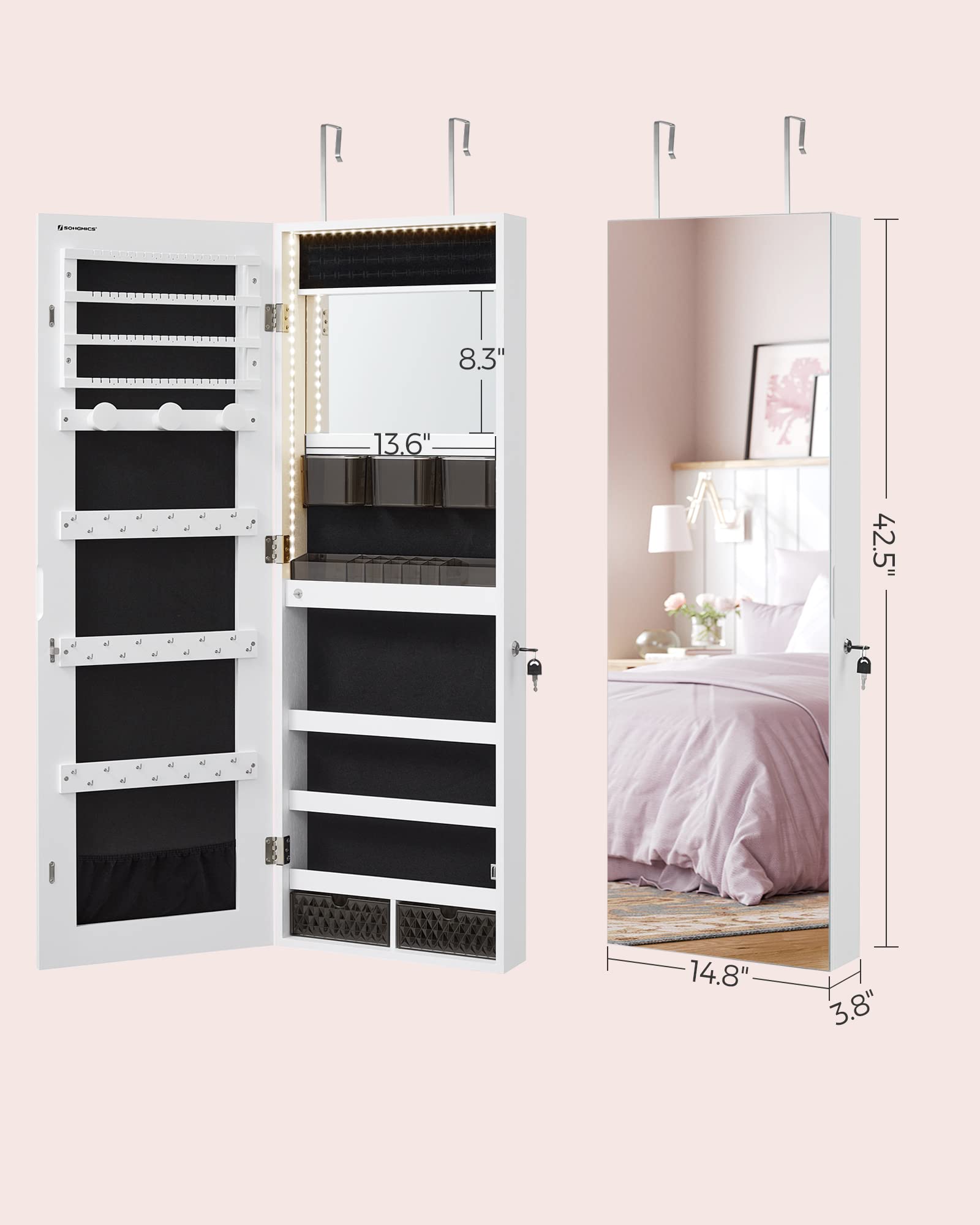 Mirror Jewelry Cabinet Armoire with LED Lighting