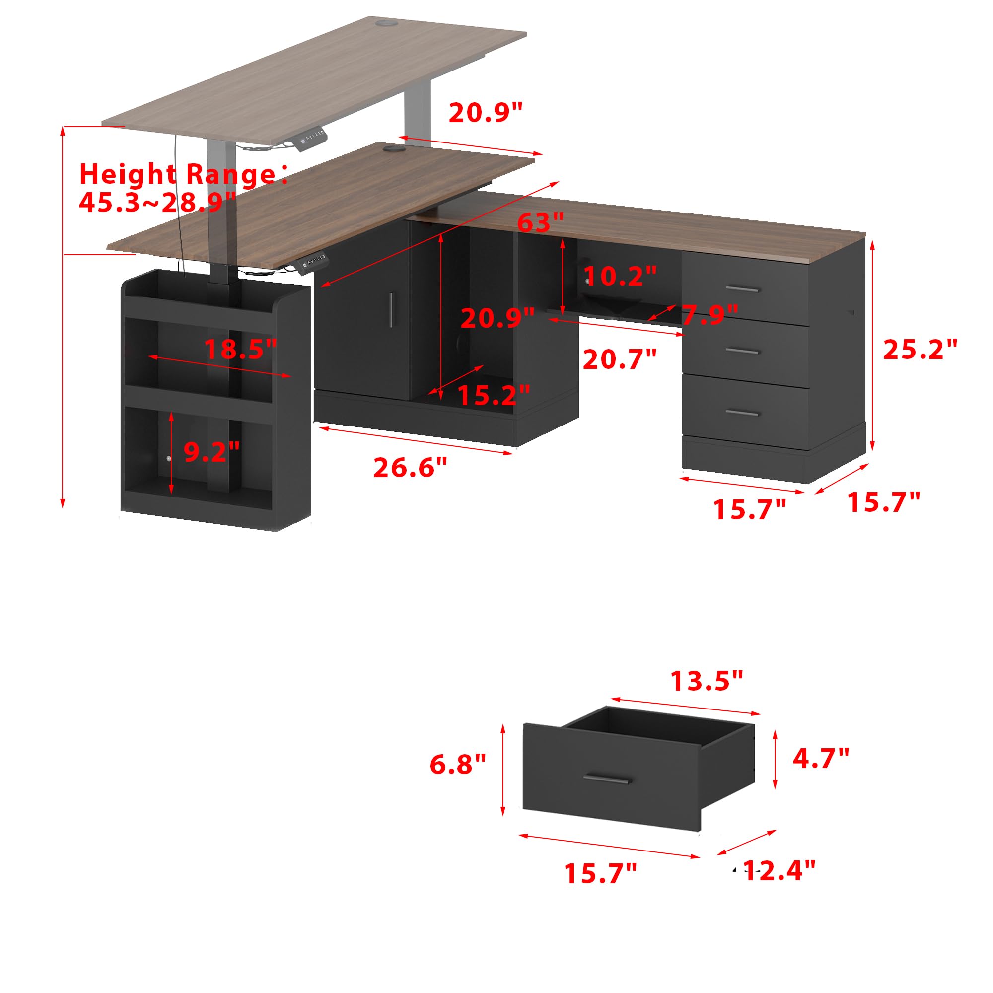 63-Inch L-Shaped Electric Standing Desk with Drawers and Shelves