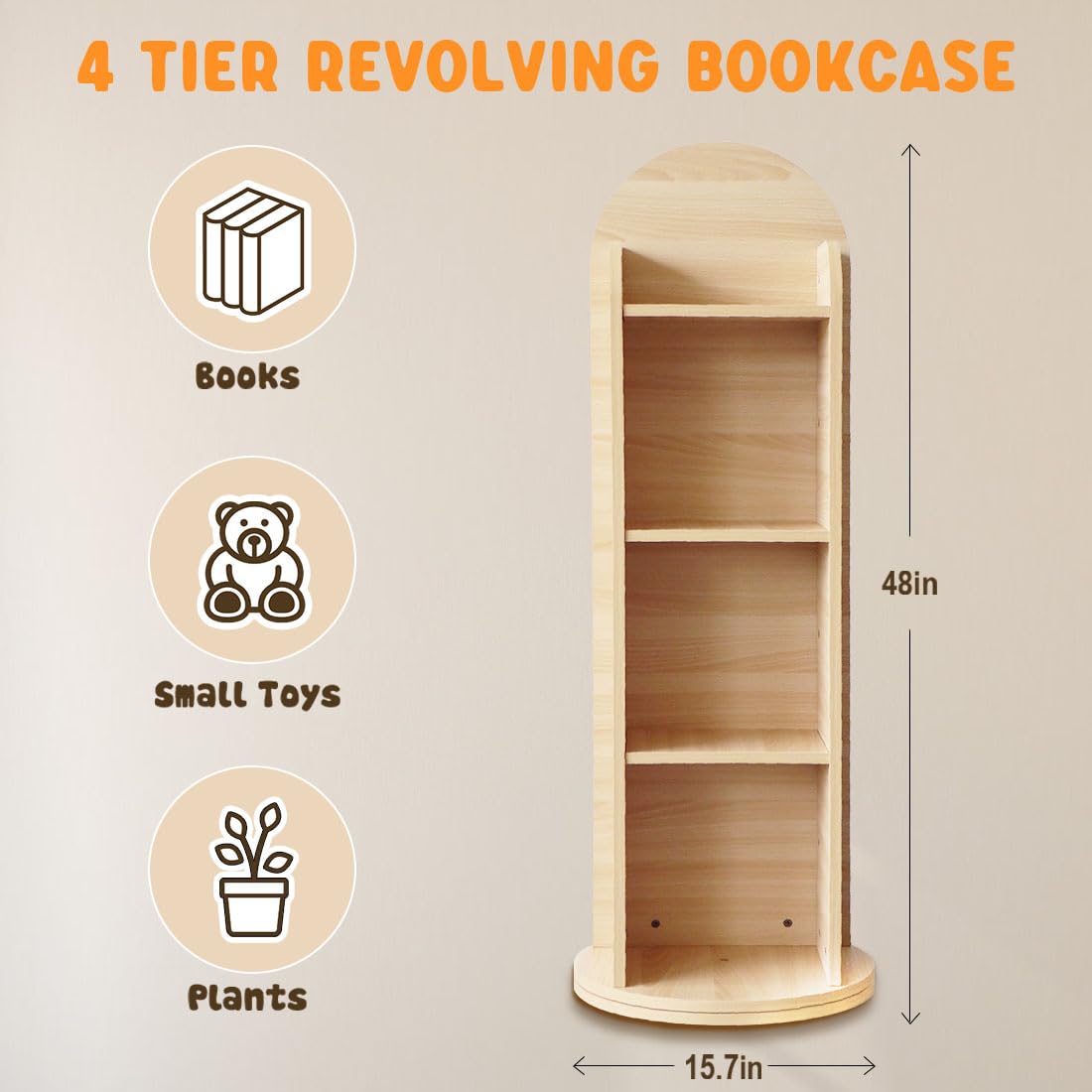 Kids Rotating Bookshelf with Mirror 48 Inch Wood Floor Standing