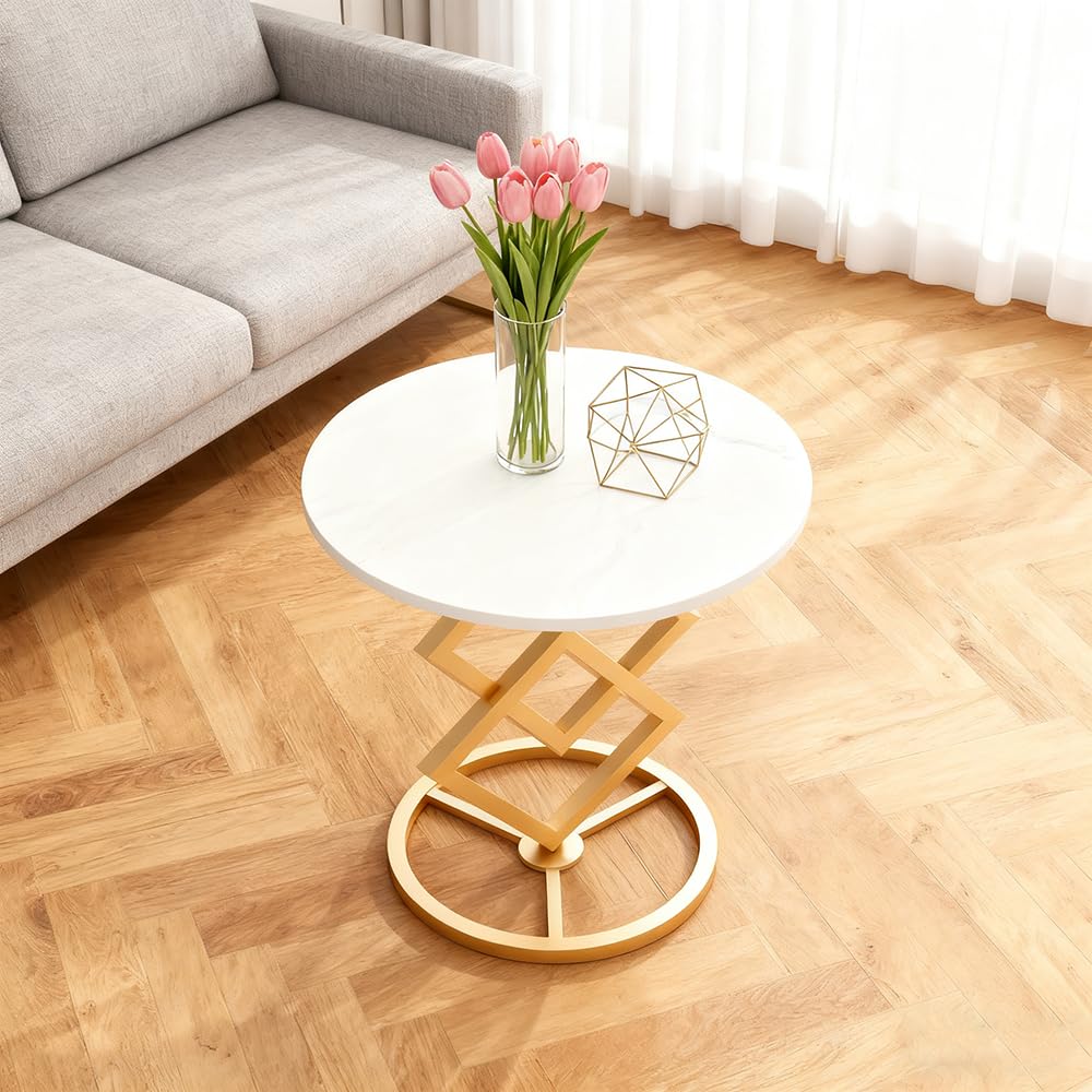 Round Marble Side Table with Metal Base