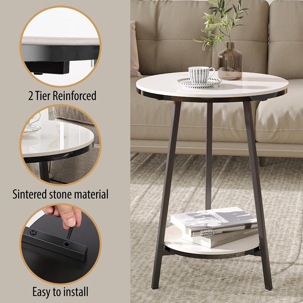 2-Tier Round Marble Side Table - White and Black End Table