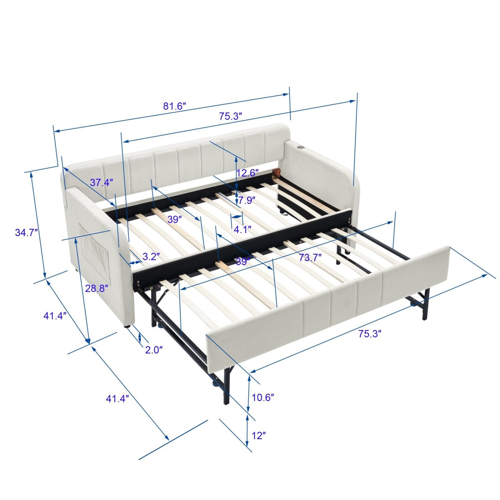 Twin Velvet Corner Daybed with Liftable Trundle and USB Charging