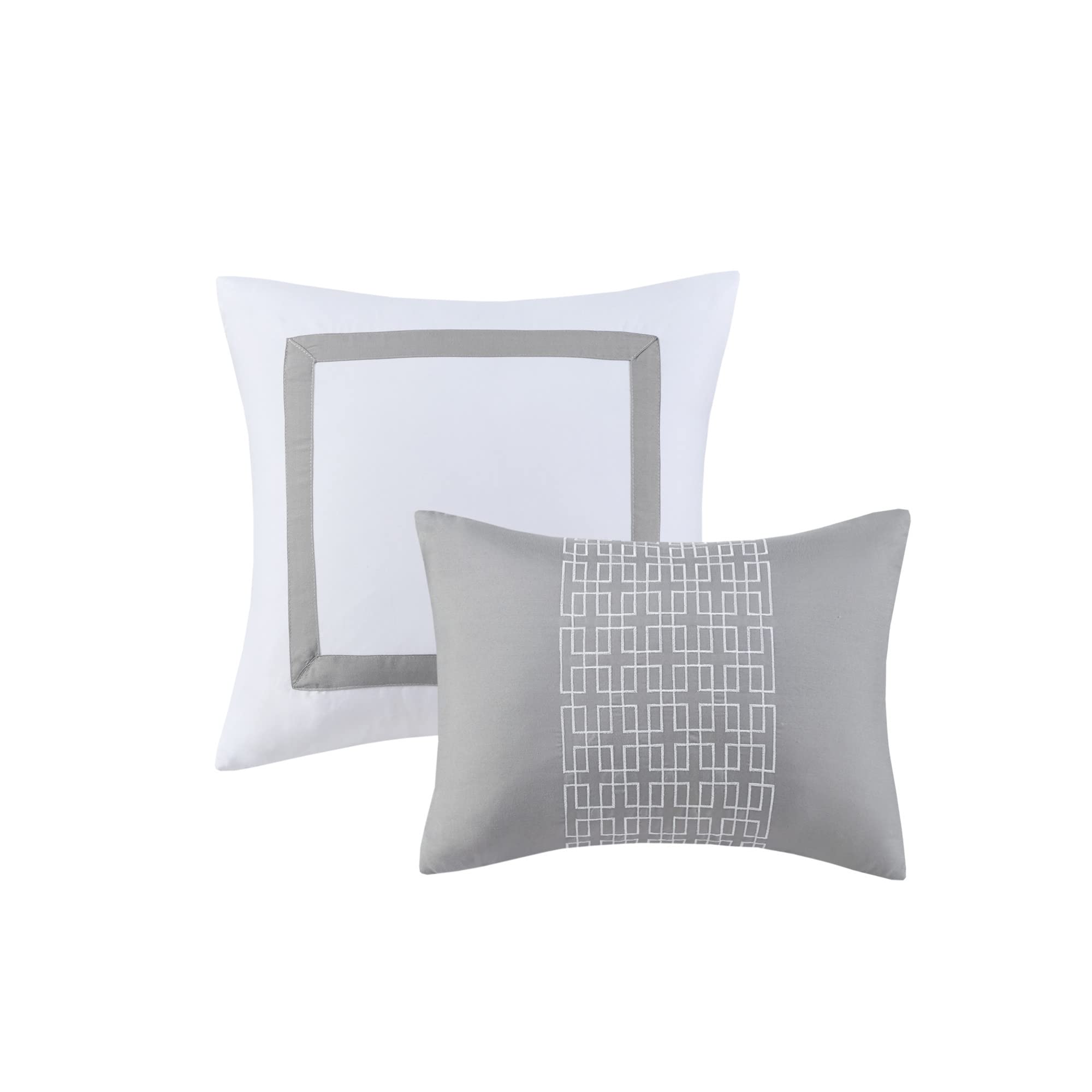 510 DESIGN Powell Cozy Comforter Set, Hotel Style Border Design with Geometric Embroidery Details, All Season Bedding with Matching Sham, Decorative Pillow, Bedskirt, Queen(90"x90"), White 8 Piece