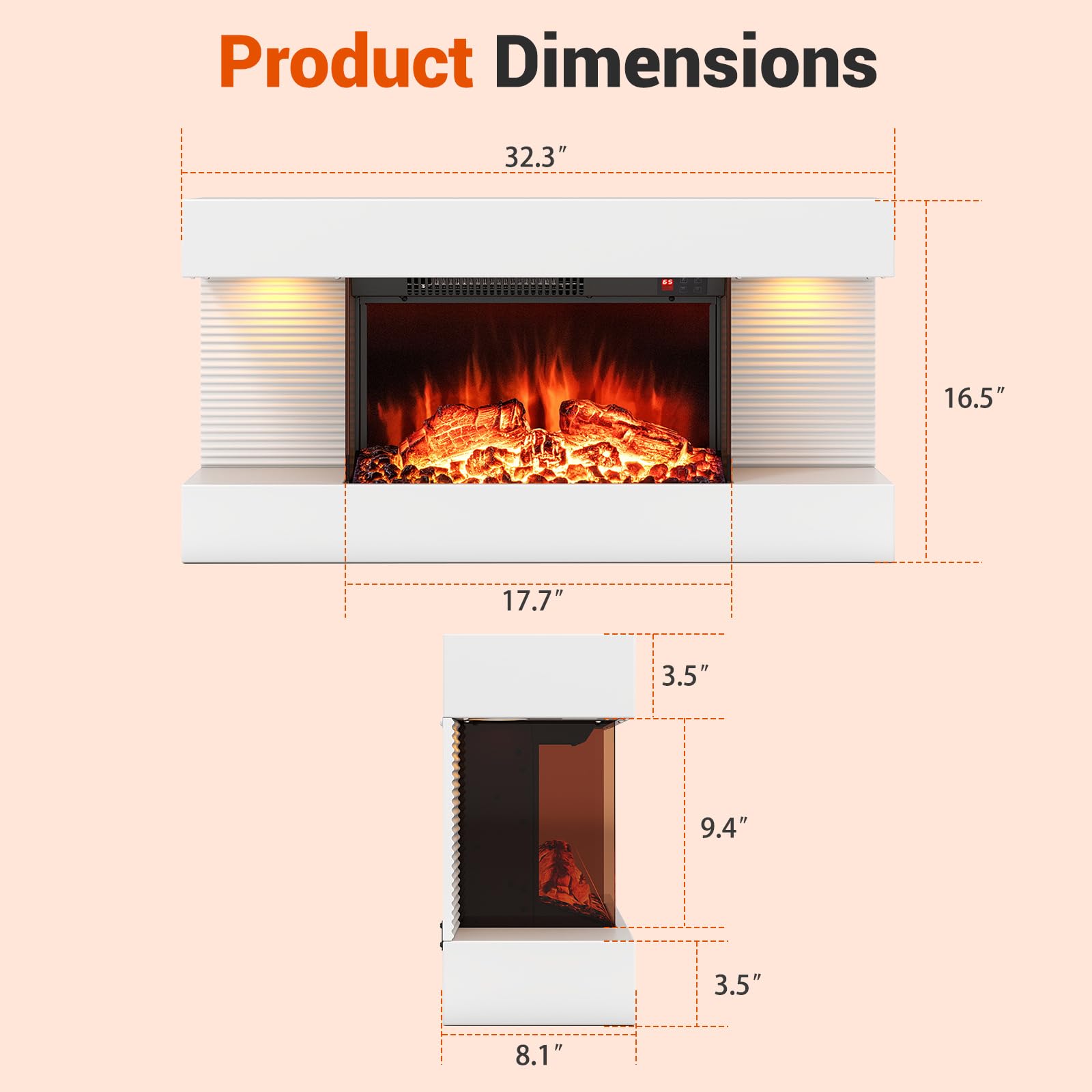 32" Wall Mounted Electric Fireplace with Remote Control