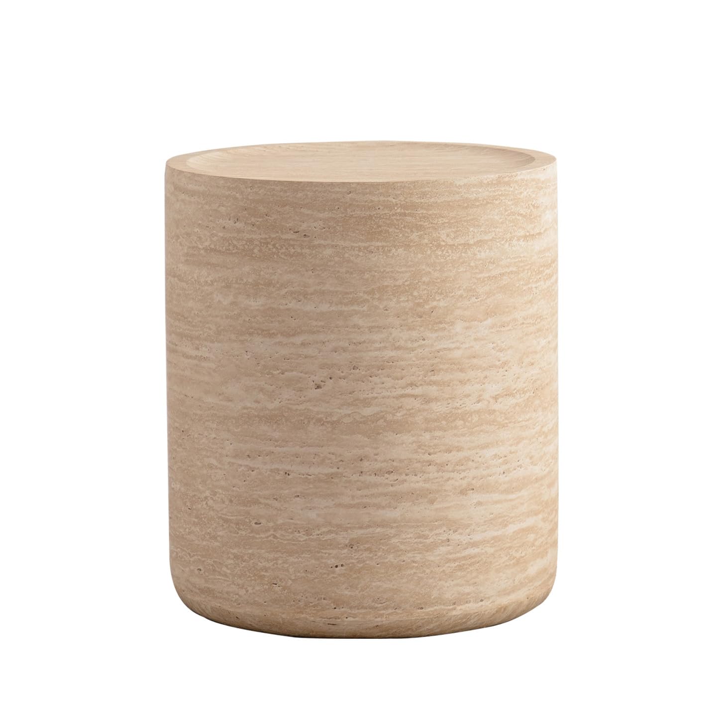 Drum-Shape Wood Side Table with Faux Travertine Grain 15.75"