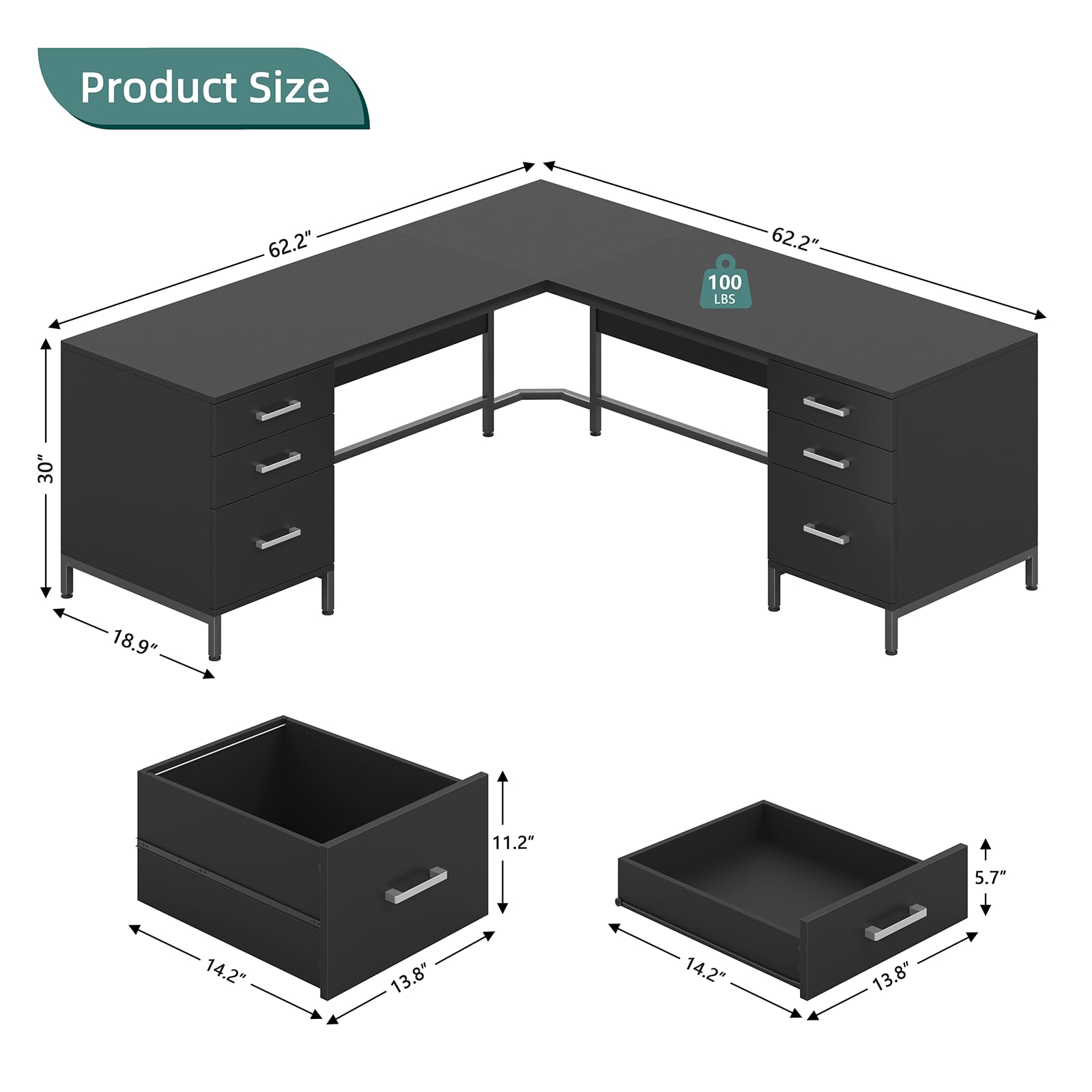 59" L-Shaped Desk with 6 Drawers and File Cabinet