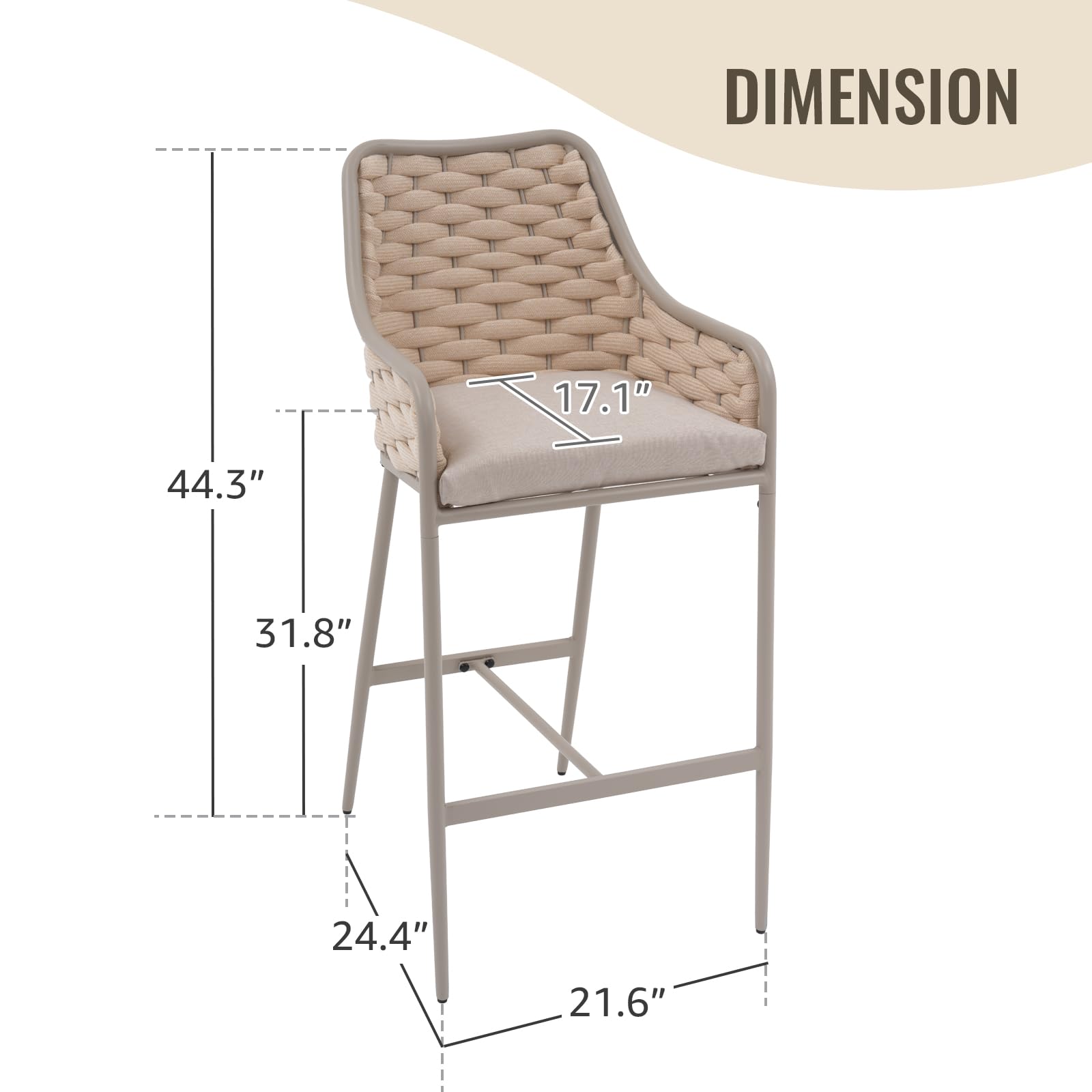 SUNSITT Outdoor Bar Stools Set of 2, 31.8” Patio Metal Counter Height Chairs w/Weather-Resistant Cushion, Woven Rope Design Modern Bar Height Outdoor Chairs w/Armrest Champagne for Garden Poolside