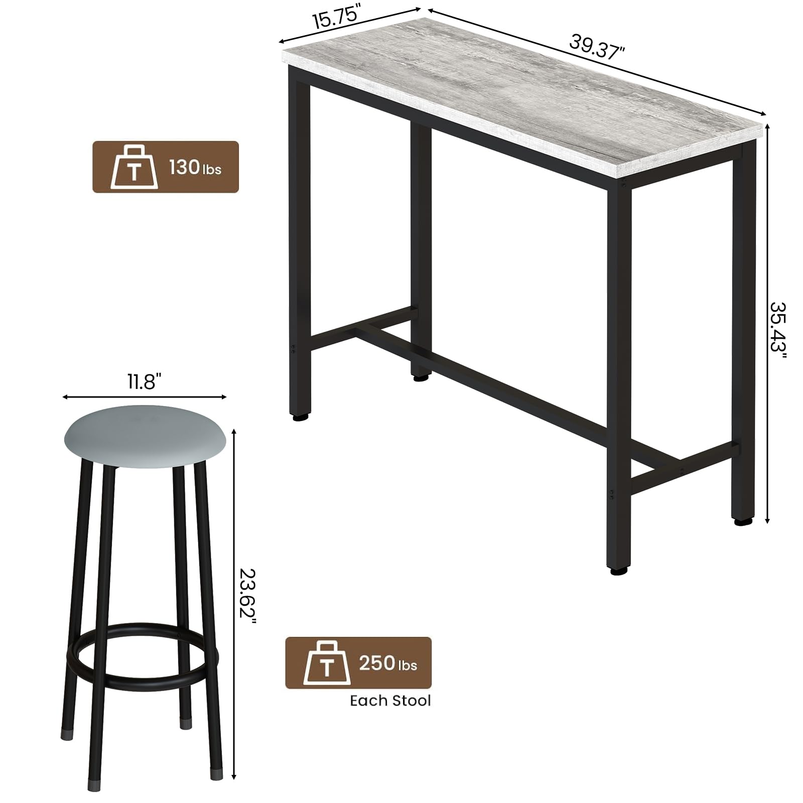 3-Piece Faux Marble Bar Table Set with Upholstered Stools