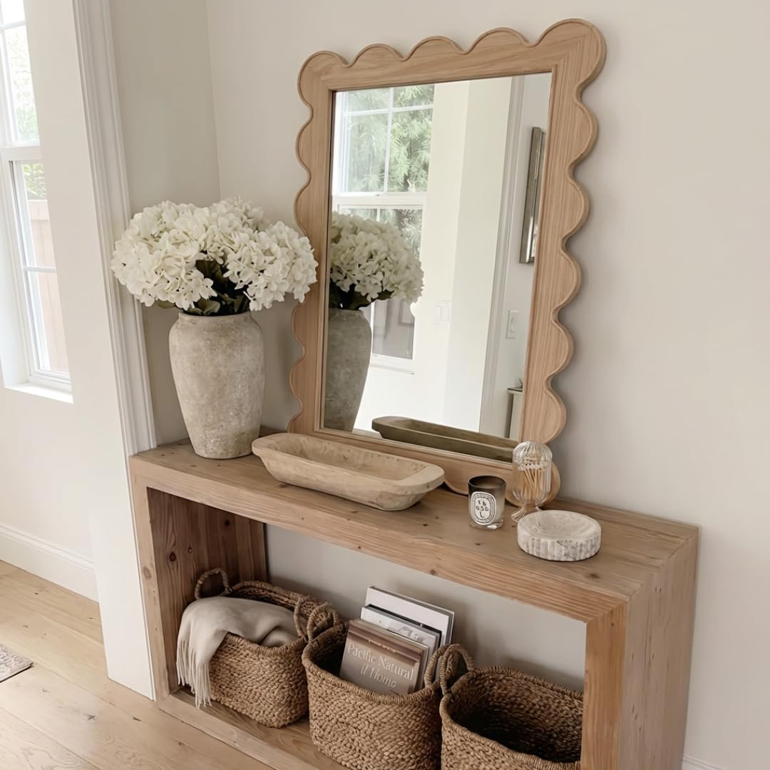 Scalloped Wall Mirror 24x36 Natural Wood Frame