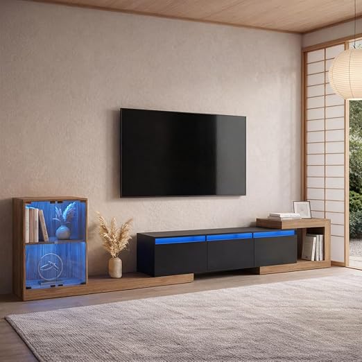 Extendable TV Stand with Glass Cabinet and LED Lighting