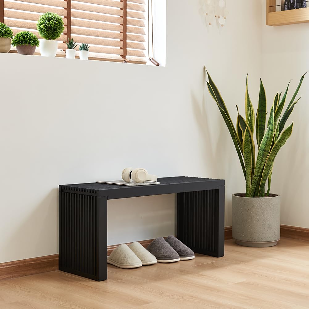Wooden Slatted Bench Black Modern Design