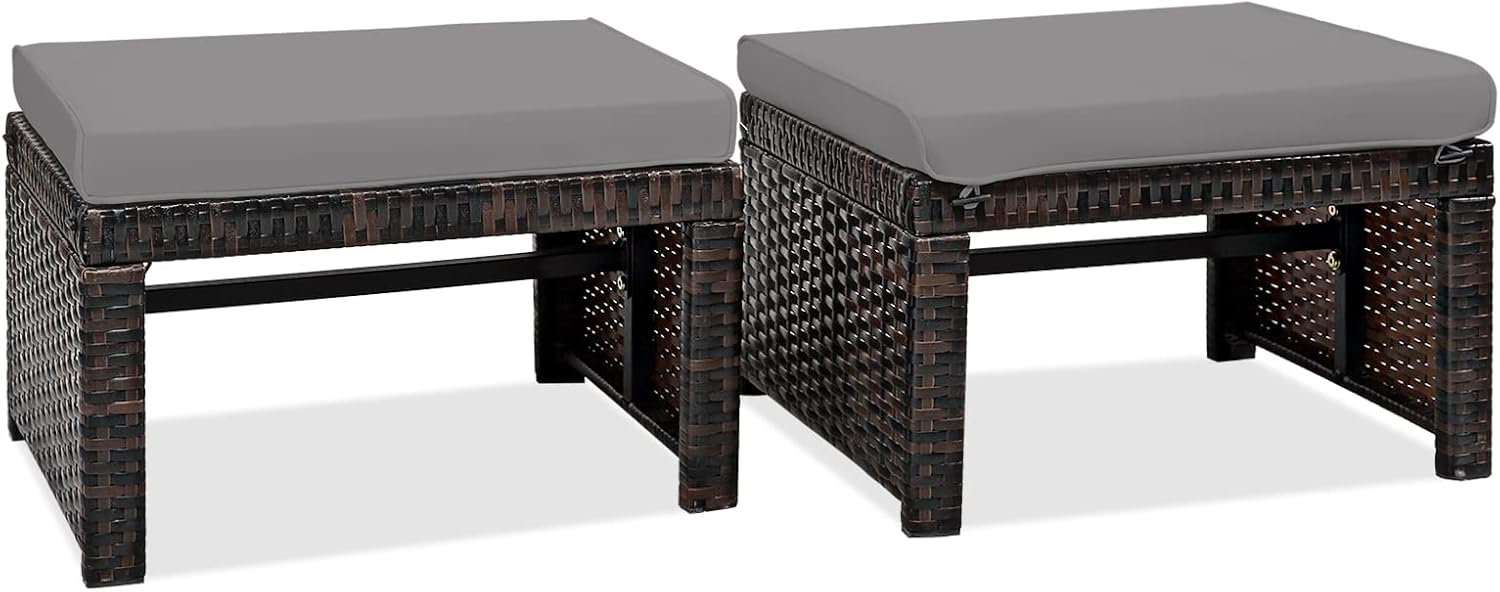 2-Piece Wicker Outdoor Ottoman Set with Removable Cushions