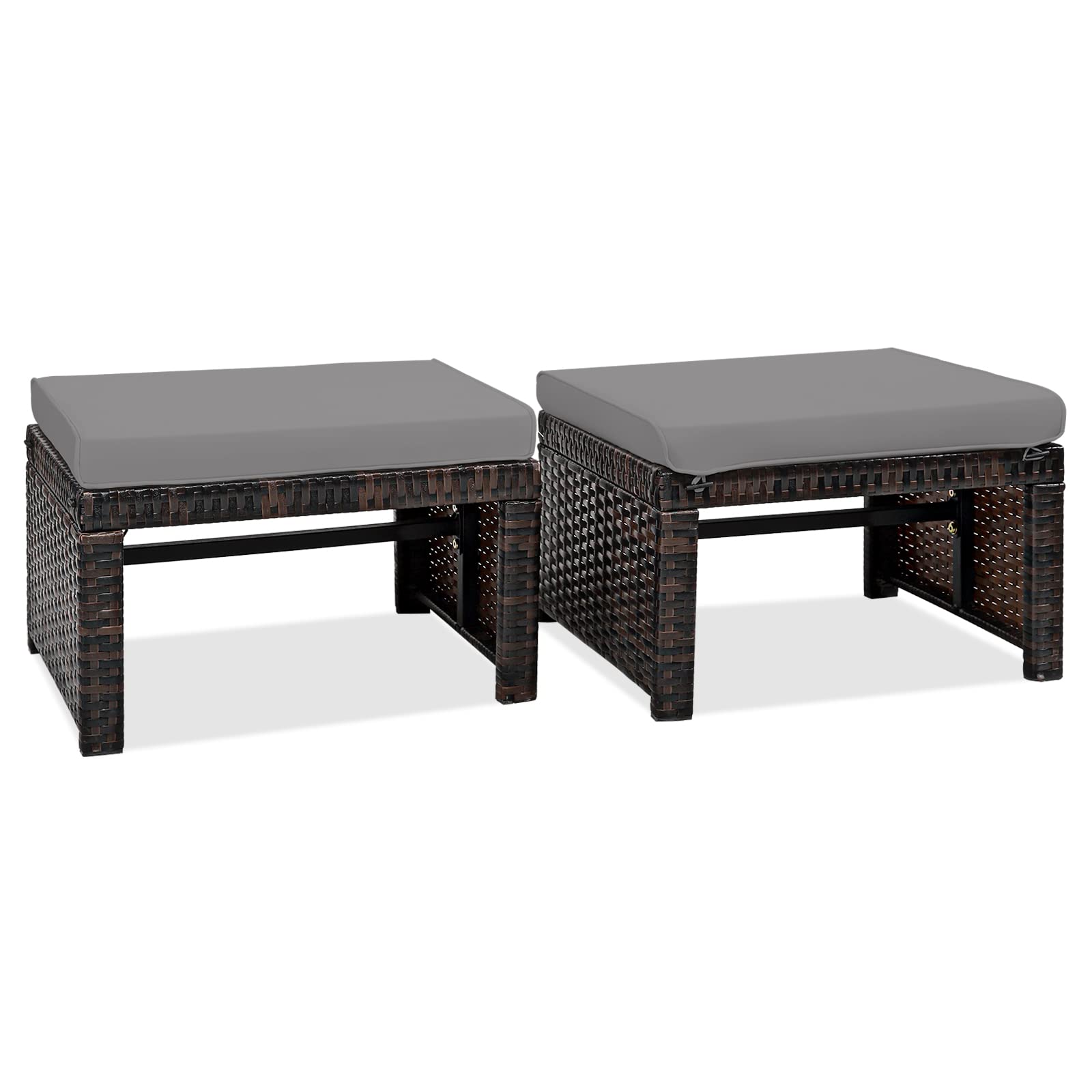 2-Piece Wicker Outdoor Ottoman Set with Removable Cushions
