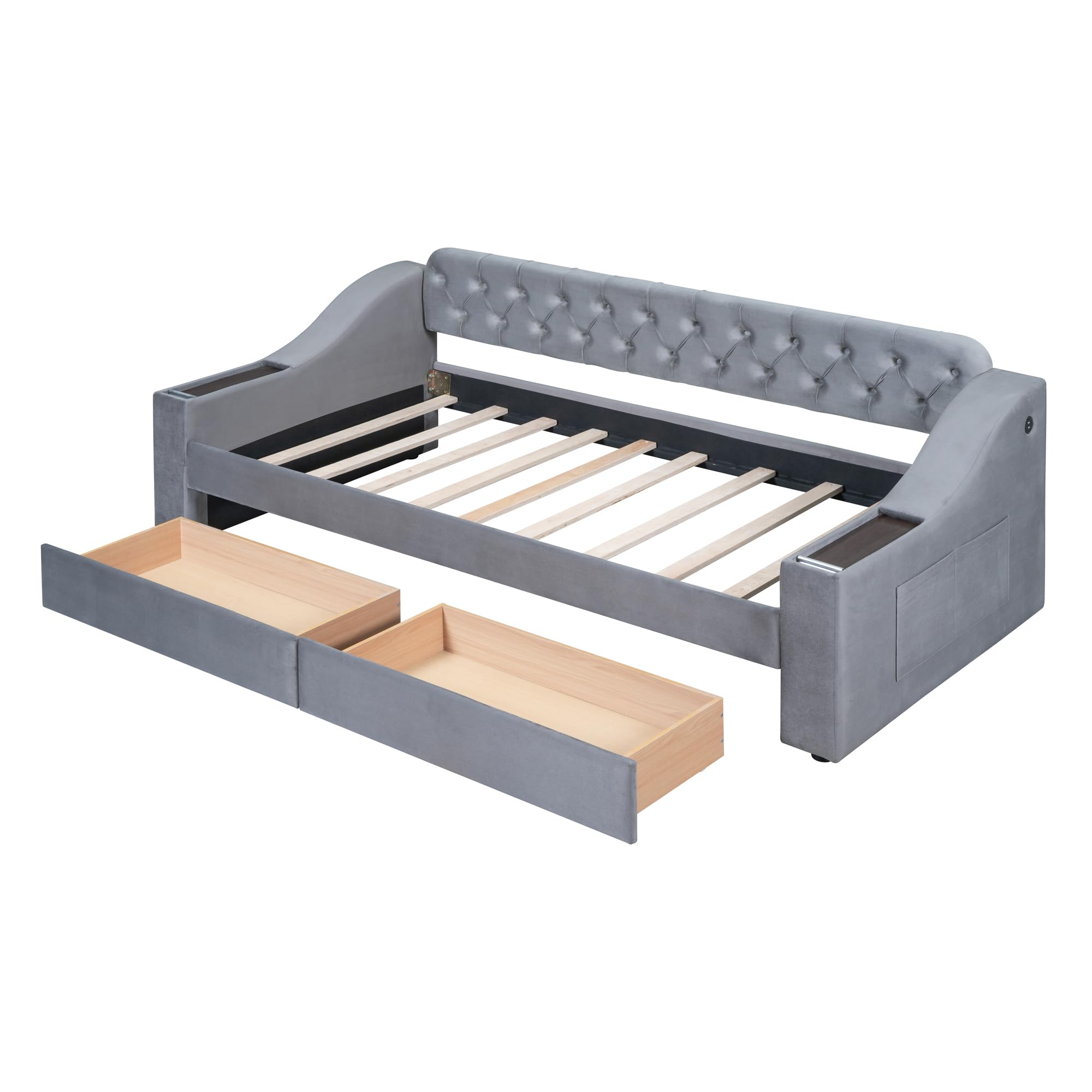 Twin Size Velvet Upholstered Daybed with Storage Drawers
