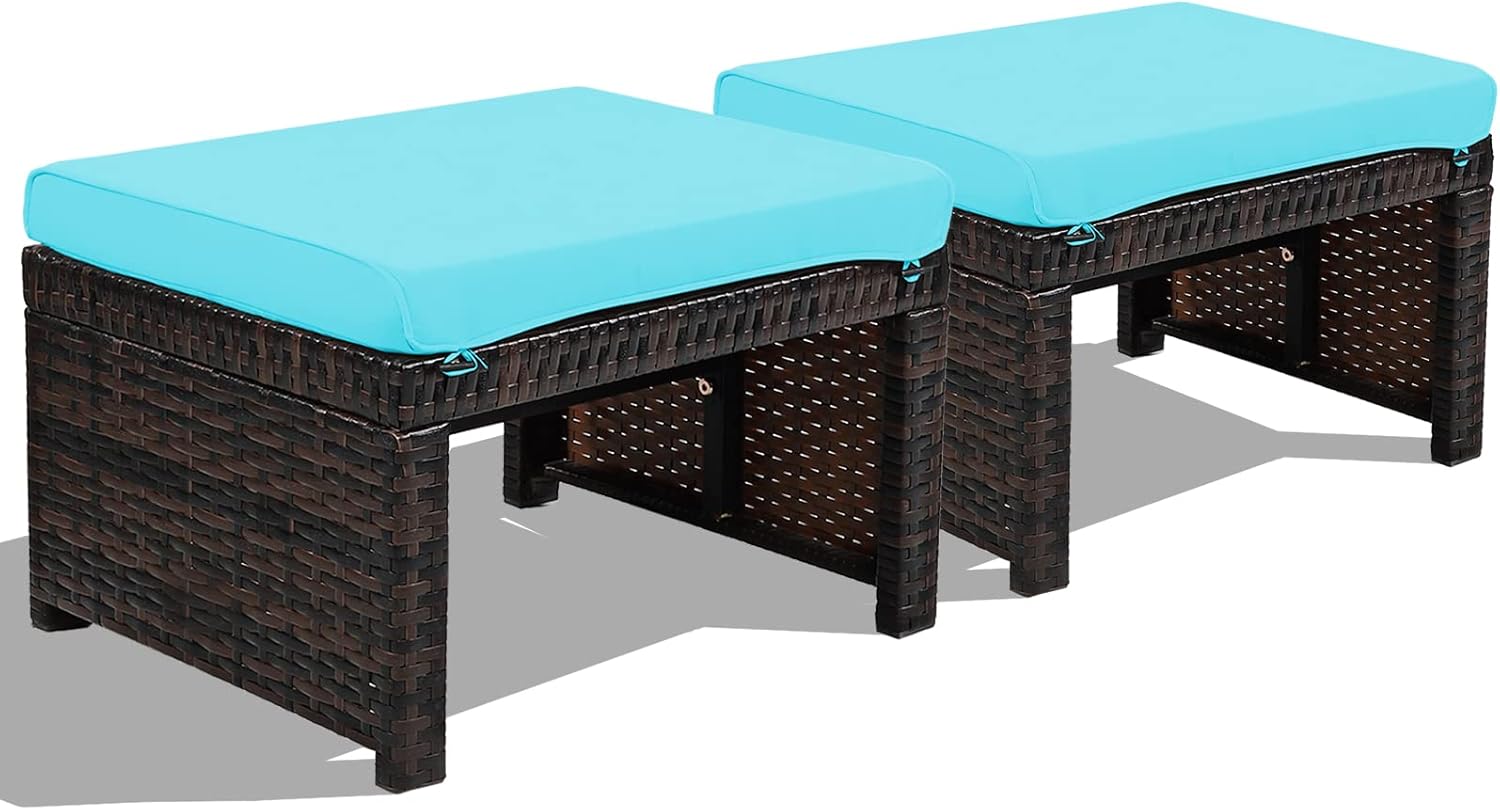 2 Piece Outdoor Wicker Ottomans with Cushions