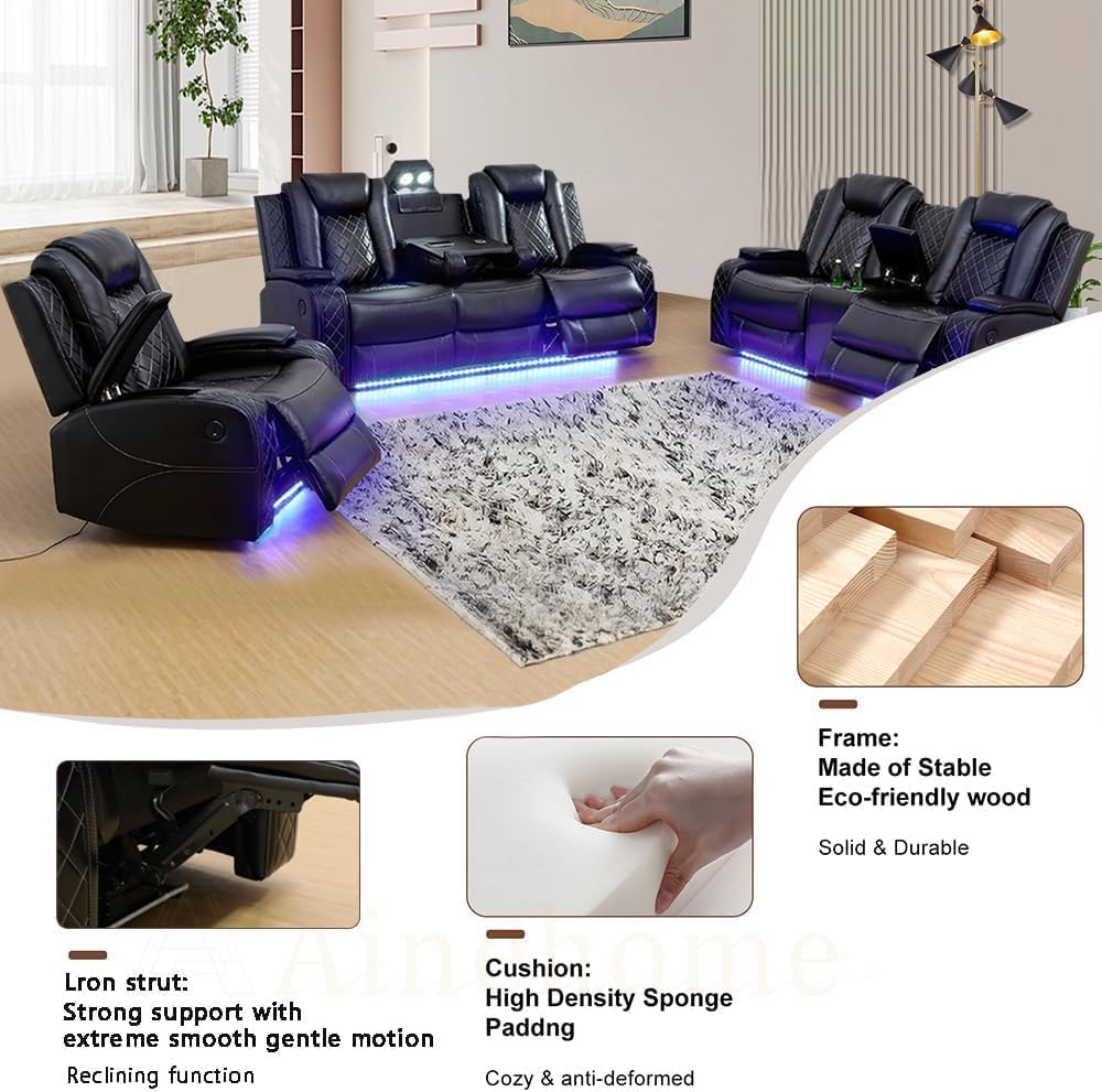 Power Recliner Couch Set with LED Light