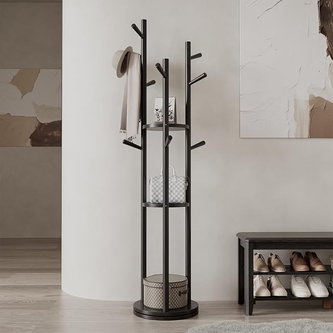 Solid Wood Rotary Coat Rack with 3 Shelves and 9 Hooks