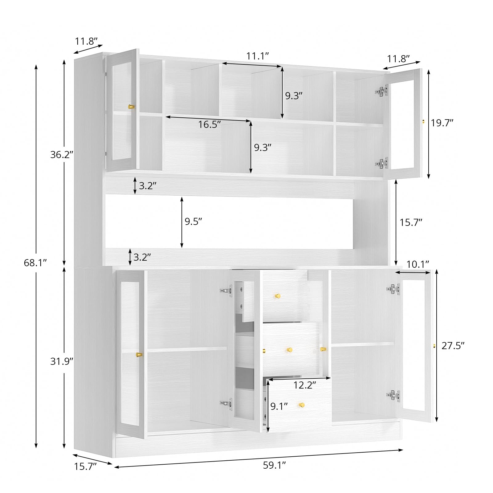 Kitchen Hutch Cabinet with Glass Doors